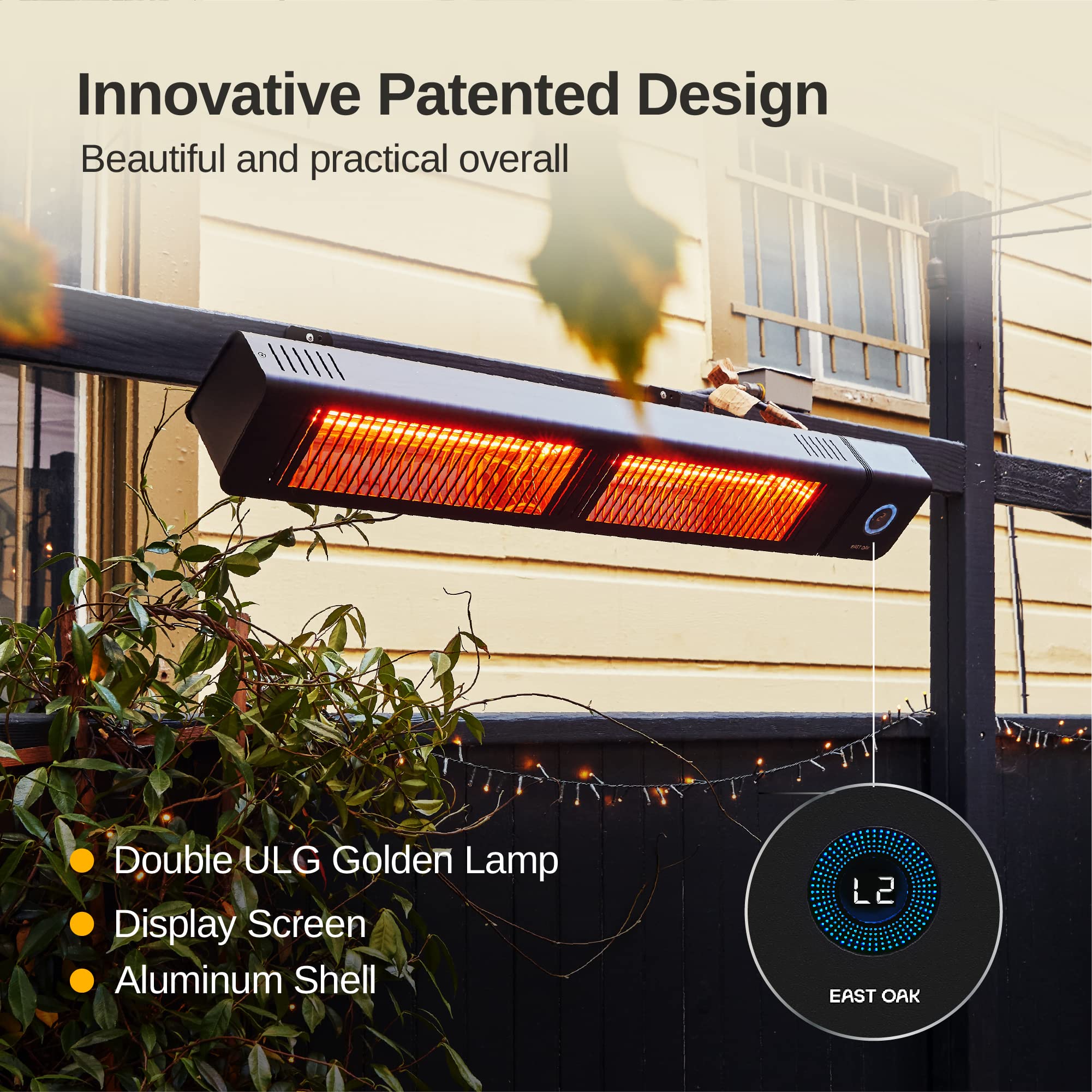 EAST OAK 4000W Commercial Patio Heater - Wall Mounted Infrared Outdoor Heater for Large Areas, IP65 Waterproof Electric Heater with Remote Control, 240V Black - Perfect for Restaurants, Cafes, and Outdoor Events
