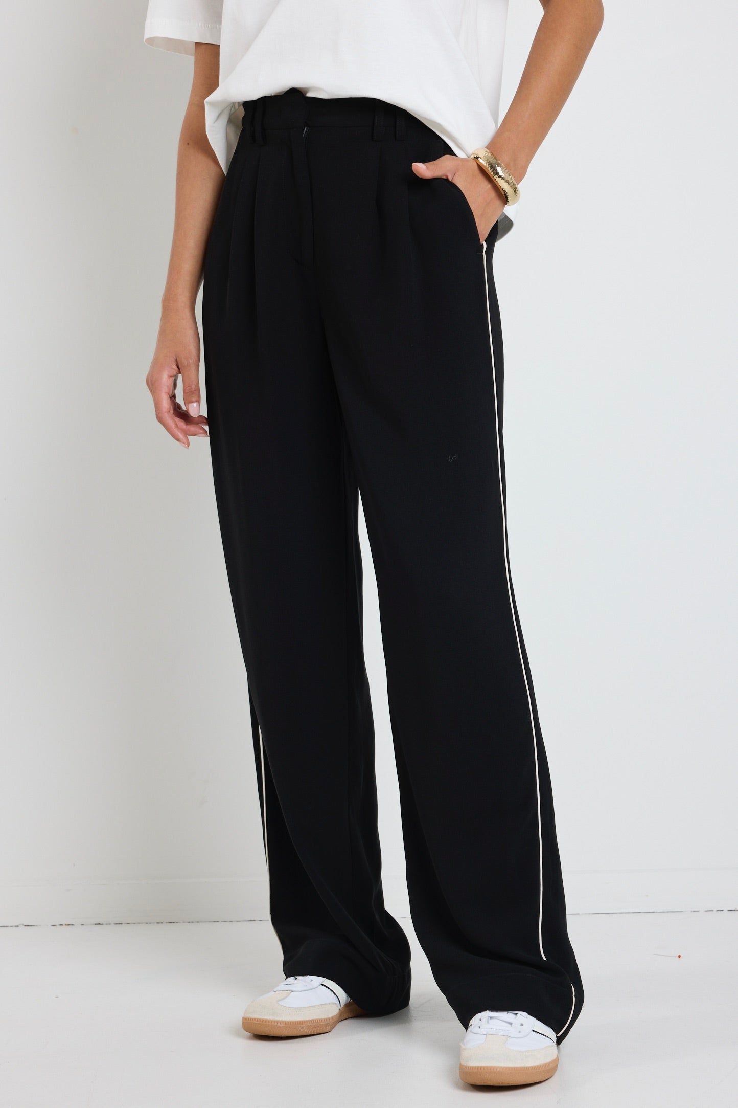 Stylish Collective Black Piped Trim Pants for Women - High Waisted Office Trousers with Side Stripes - Perfect for Work, Business Casual & Professional Outfits