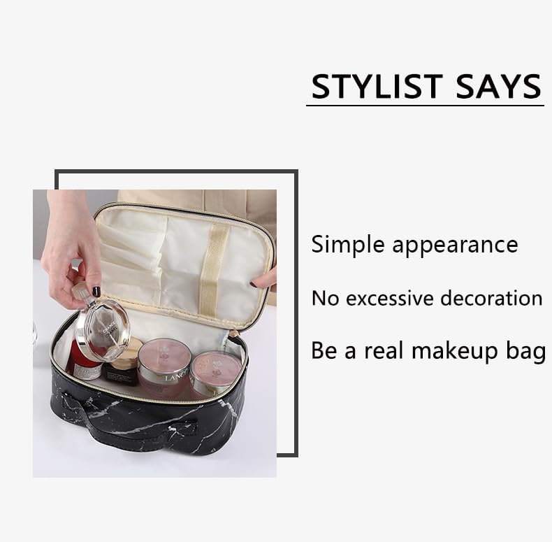 FIORDY Waterproof PU Leather Travel Makeup Bag for Women - Stylish Checkered Cosmetic Organizer with Handle, Portable Toiletry Pouch for Daily Use & Vacation Essentials - Perfect for Carry-on, Gym, Beach Trips and Business Travel (Black)
