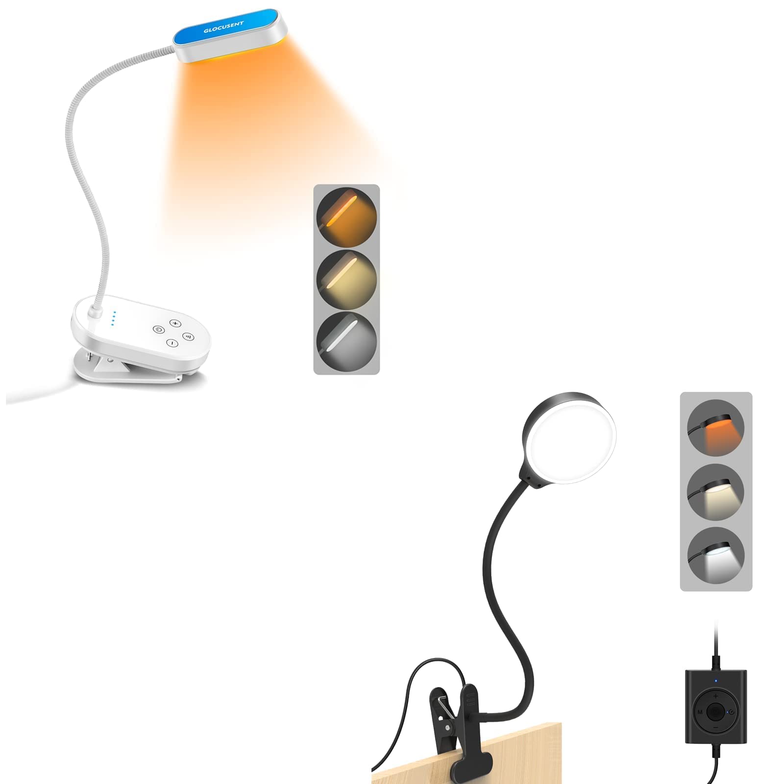 Glocusent 5W LED Bedside Reading Light - 36 Eye-Caring LEDs, 3 Colors & 5 Brightness Levels, Flexible Gooseneck Clip-On Lamp - Perfect for Night Reading, Studying, and Relaxing in Bed