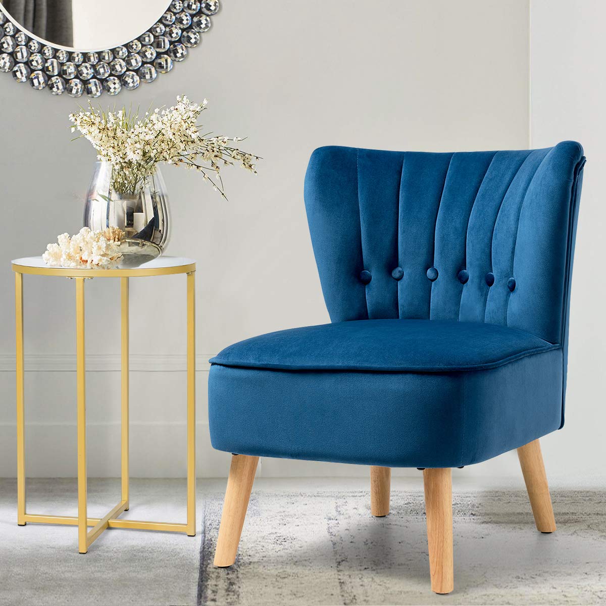 Giantex Modern Velvet Accent Chair with Wood Legs - Blue Upholstered Armless Wingback Club Chair, Thickly Padded Button Tufted Leisure Sofa for Living Room, Bedroom & Office - Perfect for Reading Nooks, Lounge Areas and Small Space Decor