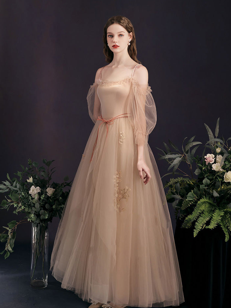 Elegant Champagne Tulle A-Line Long Prom Dress for Formal Events - Perfect for Homecoming, Weddings & Evening Galas