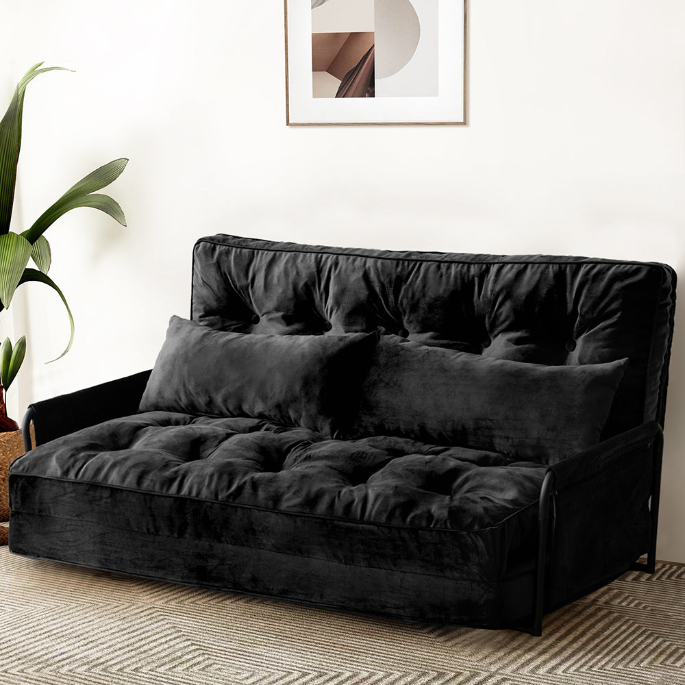 MAXYOYO Adjustable Floor Sofa Couch - Velvet Convertible Lazy Sofa Sleeper Bed with Pillows & Armrests, Double Size in Black | Perfect for Small Spaces, Living Rooms & Guest Beds