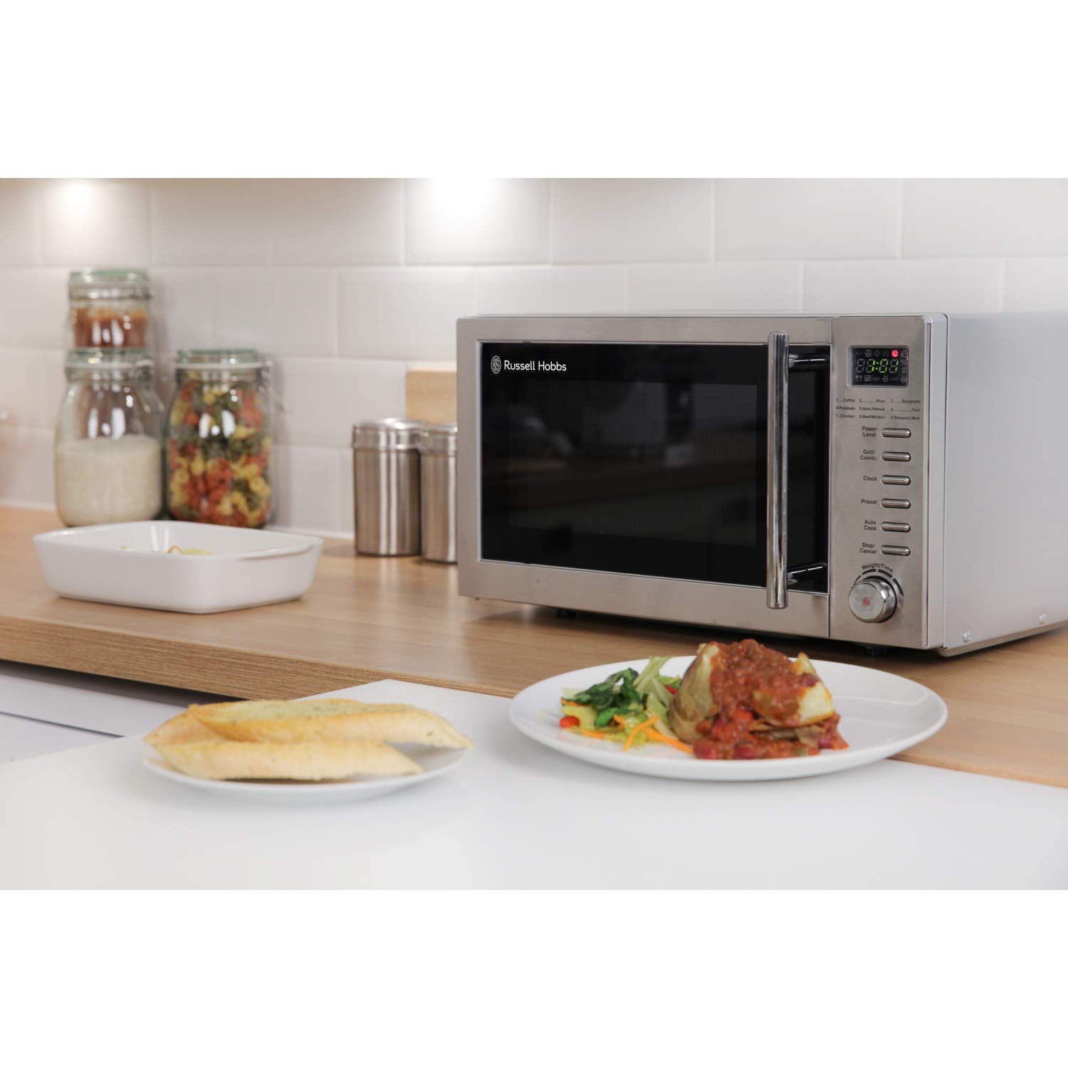 Russell Hobbs RHM2031 20L 800W Stainless Steel Digital Grill Microwave Oven - 5 Power Levels, 1000W Grill, Auto Defrost, 8 Auto Cook Menus, Clock & Timer - Perfect for Quick Meals, Reheating & Family Cooking