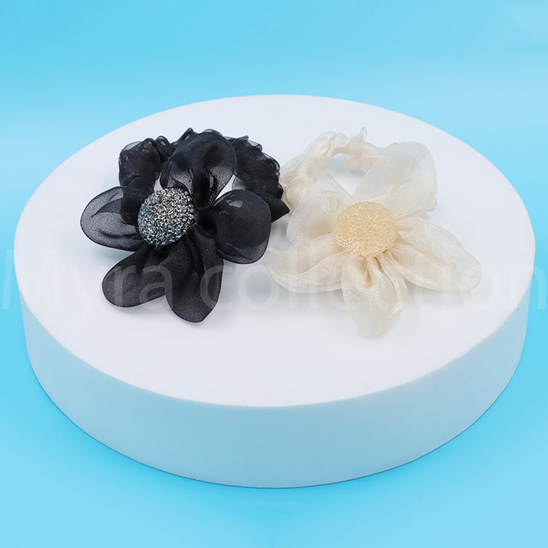 Myra Collection 2-Pack Rhinestone Flower Hair Ties - Soft Fabric Hair Bands for Women & Girls - Shiny Hair Accessories for Parties, Weddings & Everyday Wear