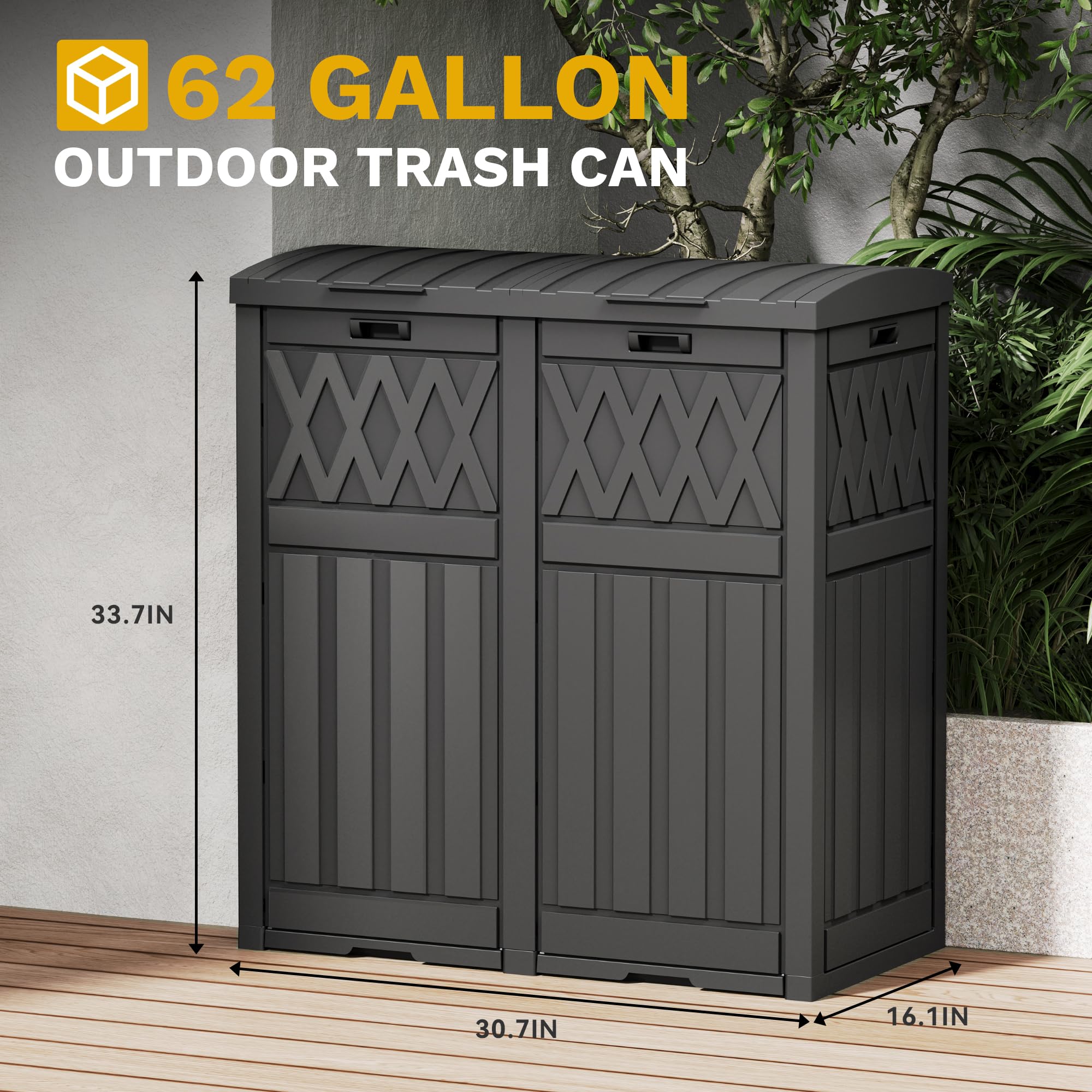 DWVO 66 Gallon Outdoor Trash Can with Lid - Waterproof Resin Double Bin Garbage Can with Drip Tray - Perfect for Patio, Deck, Backyard & Kitchen Waste Management - Black