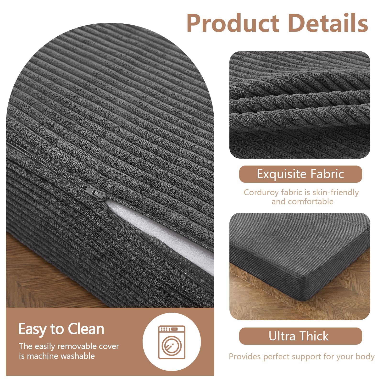 MAXYOYO 6 Inch Corduroy Tri-Folding Gel Memory Foam Mattress Topper - Foldable Guest Bed & Camping Pad in Carbon Grey | Perfect for Spare Rooms, Sleepovers & Outdoor Adventures