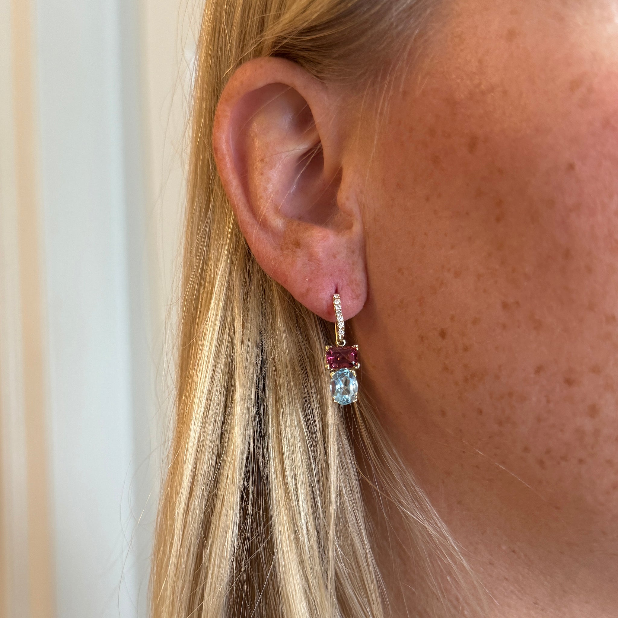 14K Gold Blue Topaz & Pink Tourmaline Dangle Earrings - Elegant River Design Jewelry for Women, Perfect for Weddings, Parties & Special Occasions