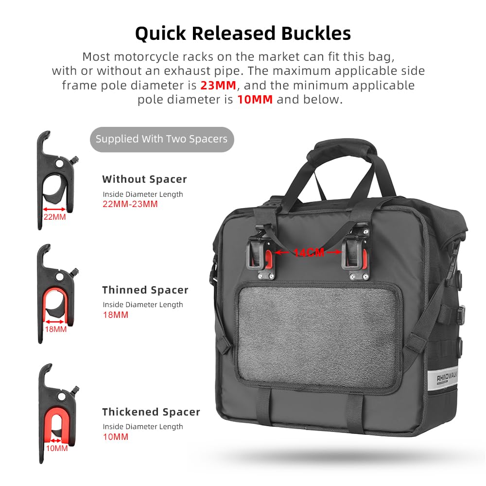 Rhinowalk 25L Waterproof Motorcycle Saddlebags - Quick Release Side Bags for Adventure & Sports Bikes (Black) - Perfect for Long Rides & Travel
