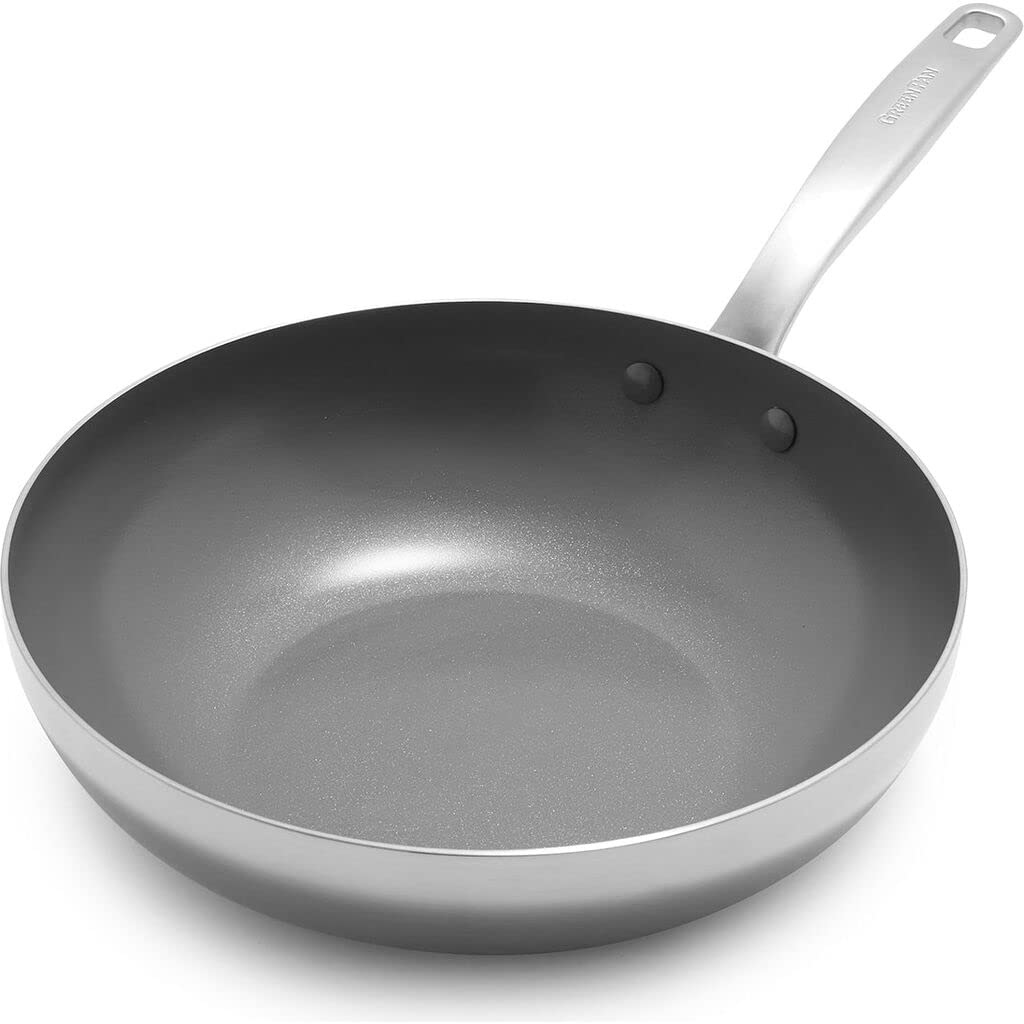 GreenPan Chatham Tri-Ply Stainless Steel Healthy Ceramic Nonstick 11-Inch Wok Pan - PFAS-Free, Multi-Clad, Induction Compatible, Dishwasher & Oven Safe (Silver) - Perfect for Asian Stir-Fry, Sautéing & Healthy Cooking