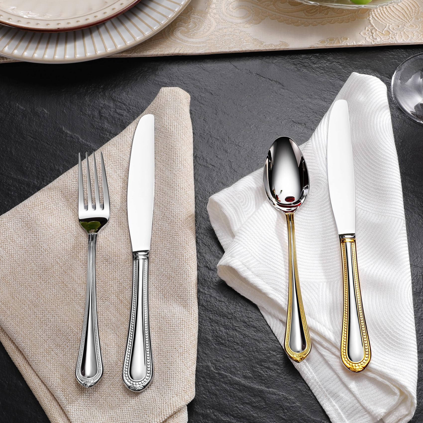 KEAWELL 4-Piece Premium Stainless Steel Dinner Knives Set - Elegant Pearl Edge Design, Mirror Polished 9.6 Inch Table Knives, Dishwasher Safe (Silver) - Perfect for Fine Dining, Wedding Cutlery & Formal Dinner Parties