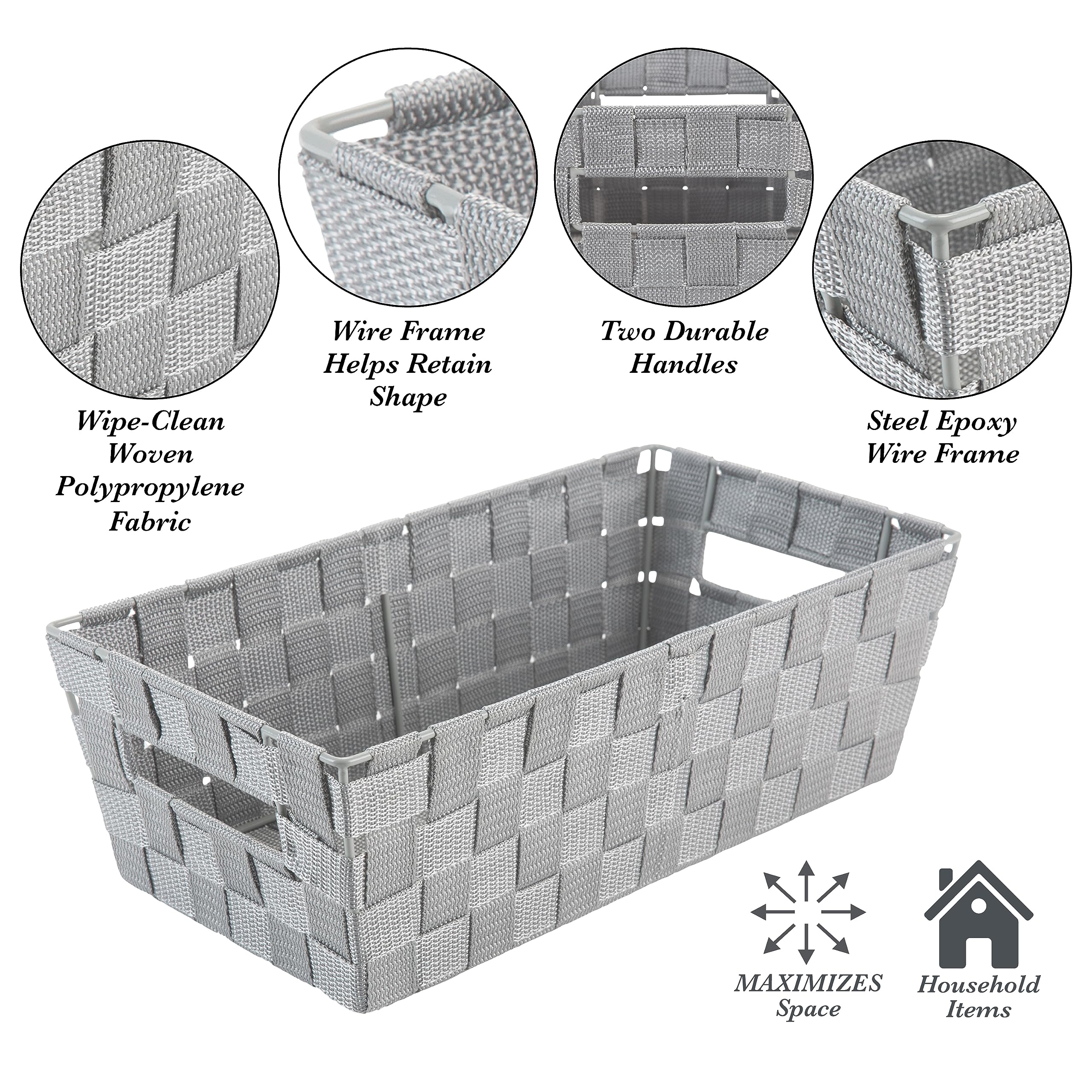 Extra Long Woven Strap Storage Tote Basket with Built-in Handles - Perfect for Bedroom, Bathroom, Nursery Organization - Ideal for Toys, Accessories & Gift Storage - 1 Pack Heather Grey - Home Decor & Closet Organizer Solution