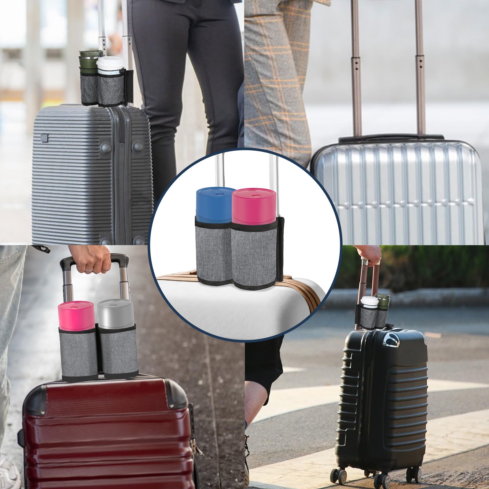Thinp Luggage Cup Holder - Hands-Free Suitcase Drink Holder for Travel Accessories, Fits Two Coffee Cups - Perfect for Flight Attendants & Travel Essentials (Grey) | Ideal for Airports, Commuting, and Business Trips