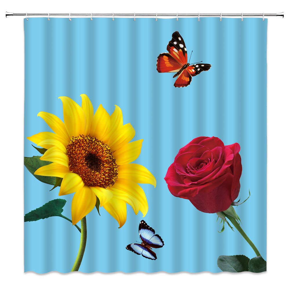 Vintage Sunflower Rose Shower Curtain - Rustic Wildflower Design with Butterflies in Red, Yellow & Blue | Farmhouse Bathroom Decor for Romantic Country Style Homes | Perfect for Spring Refresh & Nature-Inspired Bathroom Makeover
