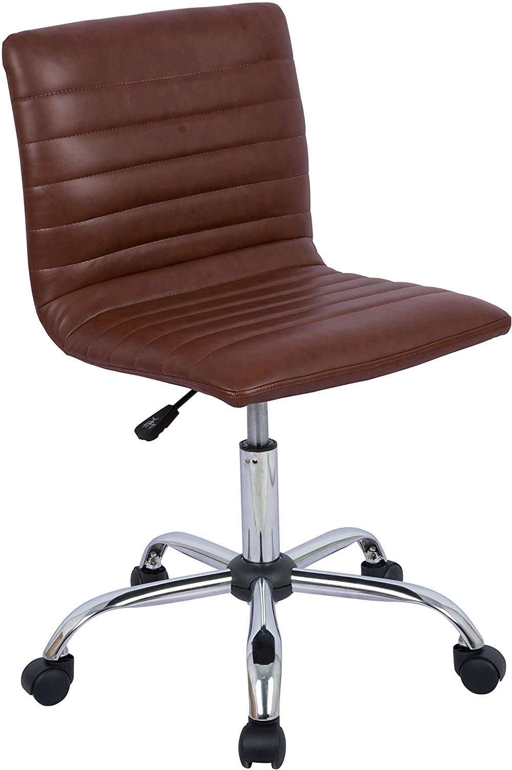 Ergonomic Armless Leather Swivel Office Chair - Mid Back Ribbed Task Chair for Home & Office - Adjustable White Desk Chair for Adults & Kids - Perfect for Workstations, Vanity Desks & Study Areas (Brown)