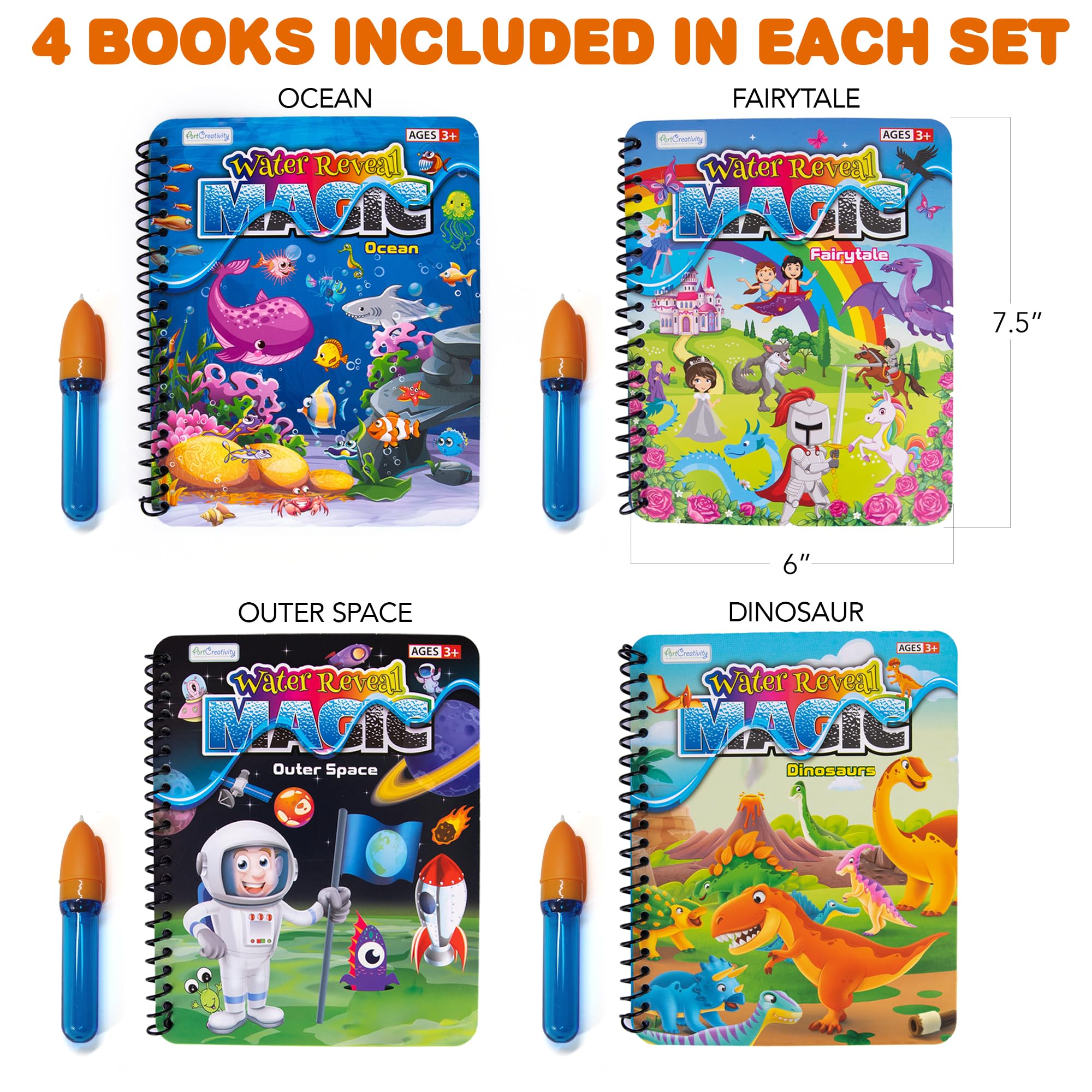 ArtCreativity 4 Pack Reusable Magic Water Coloring Books for Toddlers & Kids - Mess-Free Water Drawing Activity with Magic Pen, Perfect for Easter Basket Stuffers & Gifts | Fun Travel, Home & Classroom Learning Activity