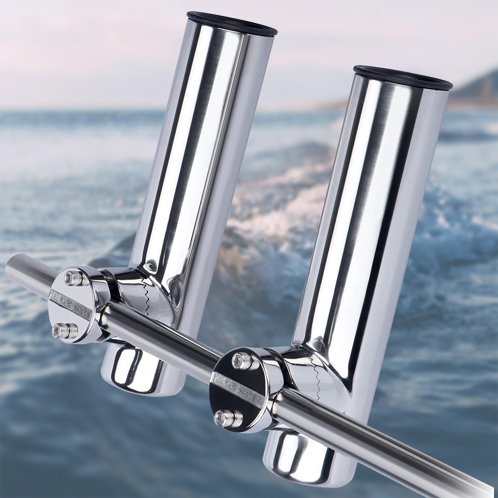 2 Pack Stainless Steel Fishing Rod Holders for Boat Rail Mount - Heavy Duty Clamp-On Marine Rod Holder for Fishing Boat, Pontoon, Jon Boat - Perfect for Saltwater & Freshwater Fishing Trips