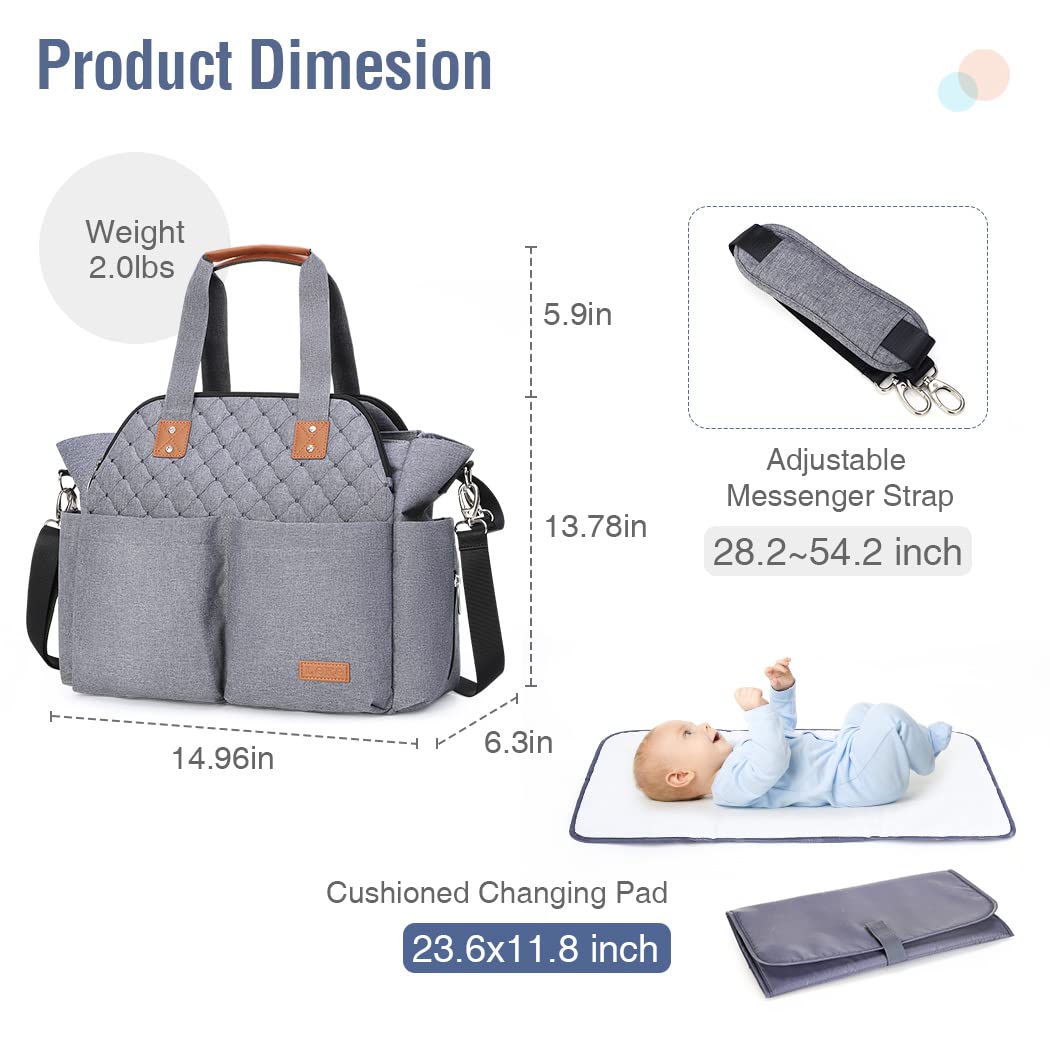 Lekebaby Waterproof Diaper Bag Tote - Large Baby Bag for Moms, Hospital & Travel - Grey Messenger Purse | Perfect for Newborn Essentials, Daycare & Family Outings