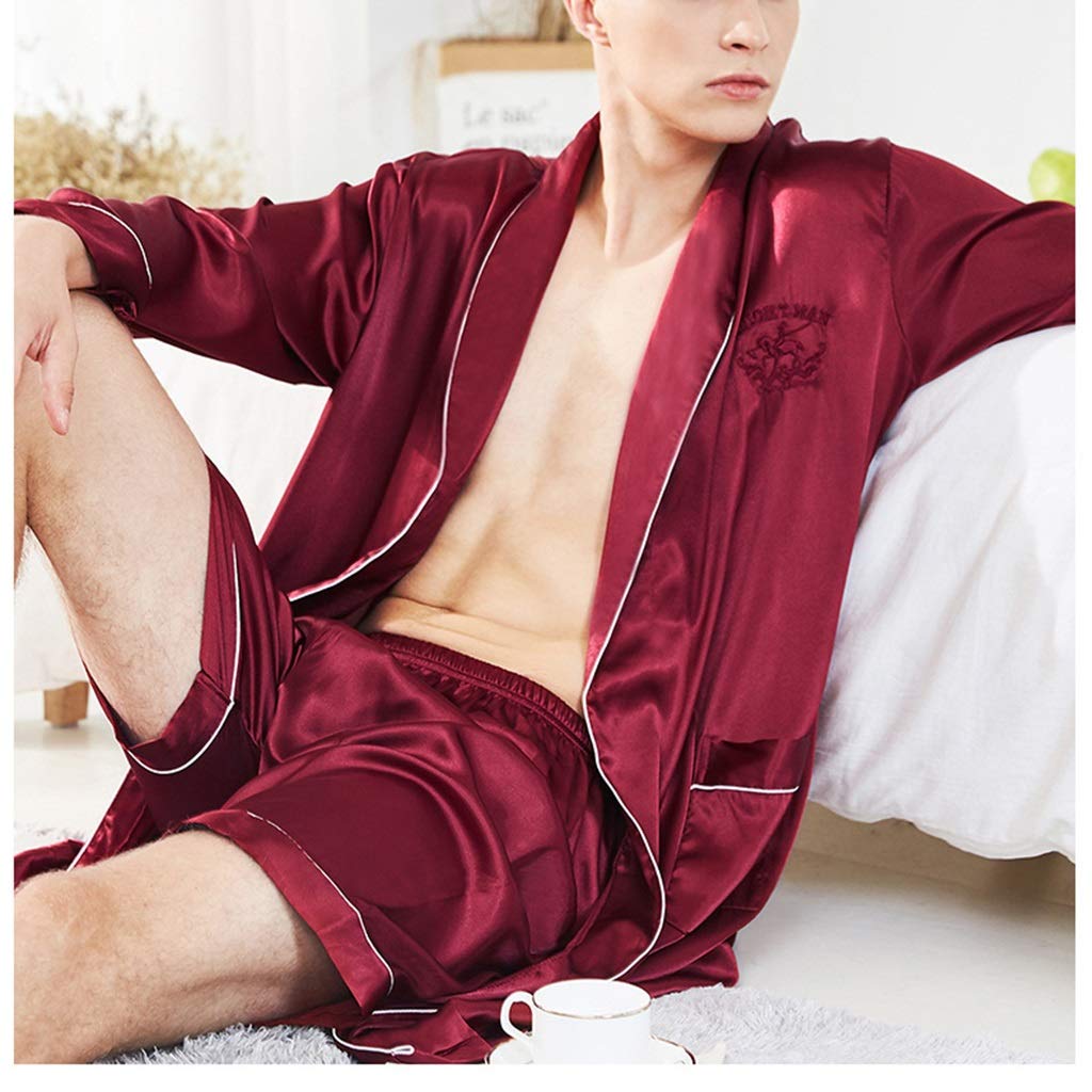 Luxury Men's Kimono Robe with Shorts - Lightweight Satin Bathrobe for Summer & Lounge Wear - Red Large Size - Perfect for Spa, Beach Cover-Up & Home Relaxation