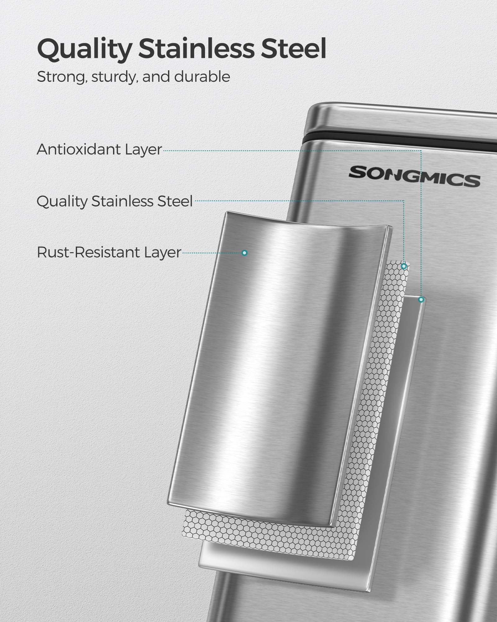 SONGMICS 2.6 Gallon Stainless Steel Bathroom Trash Can with Lid - Slim Small Space Garbage Bin, Soft Close Design, Silver ULTB561E10 - Perfect for Bathrooms, Kitchens, Offices & Tight Spaces