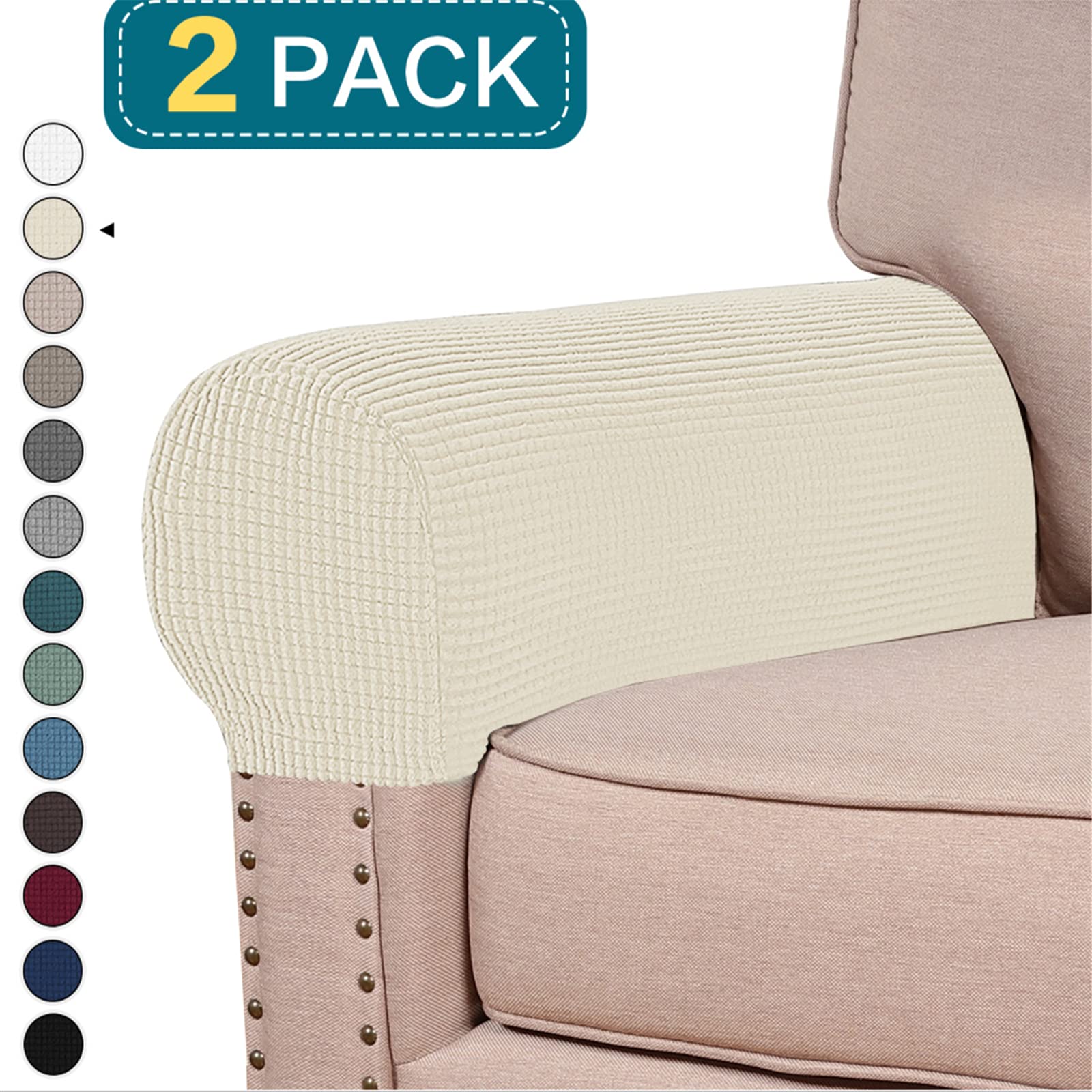 Stretch Spandex Armrest Covers for Chairs, Couches & Recliners - 2-Piece Set (Nature Color) - Soft Protective Slipcovers for Living Room Furniture & Office Chairs
