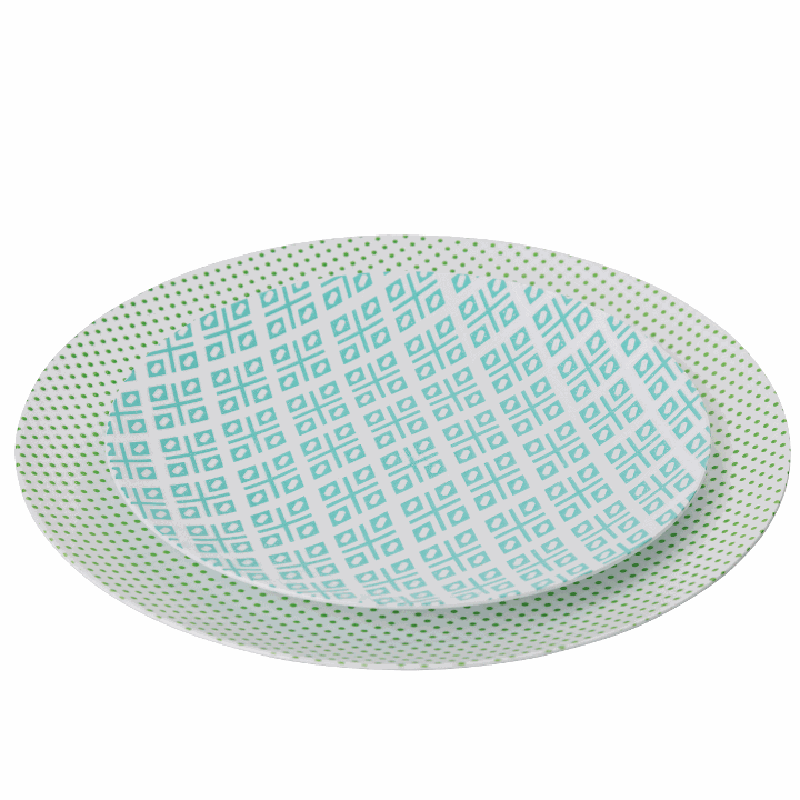Vibrant Blue, Green & White Round Plastic Plates - Aztec Design for Parties, Picnics & Outdoor Dining | Durable & Stylish Disposable Tableware