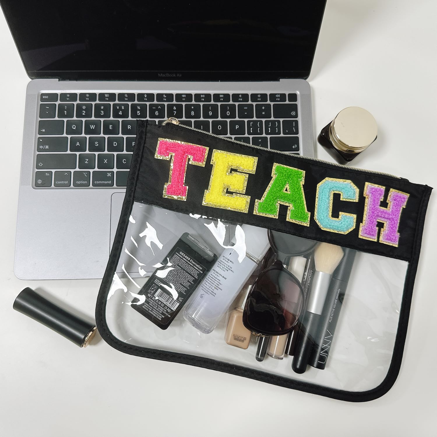 Personalized Teacher Appreciation Gifts - Clear Makeup Pouch with Chenille Letter Patches, Zipper Pencil Case for Women - Perfect for Graduation, Retirement & Birthday (Teach-Black) | Ideal for School Supplies, Cosmetics Storage & Everyday Use