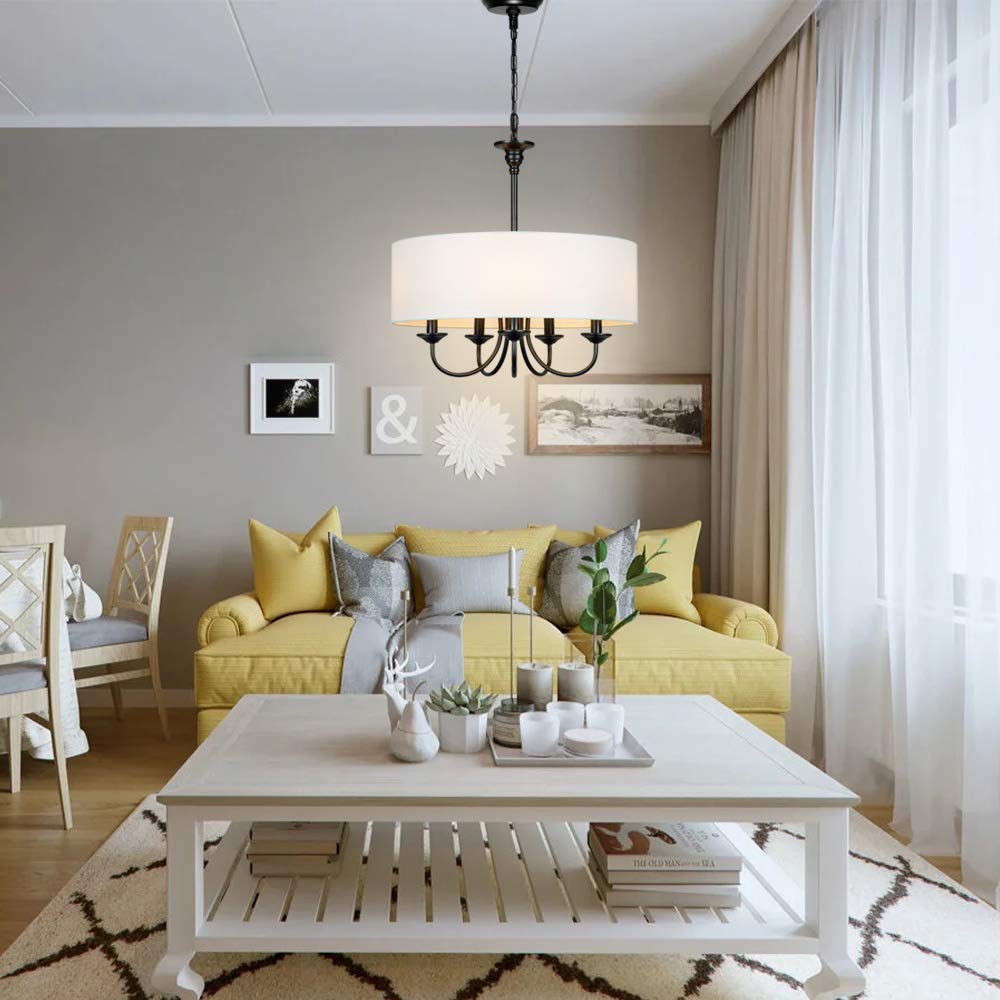T&A Traditional 5-Light Chandelier with White Linen Drum Shade - 20