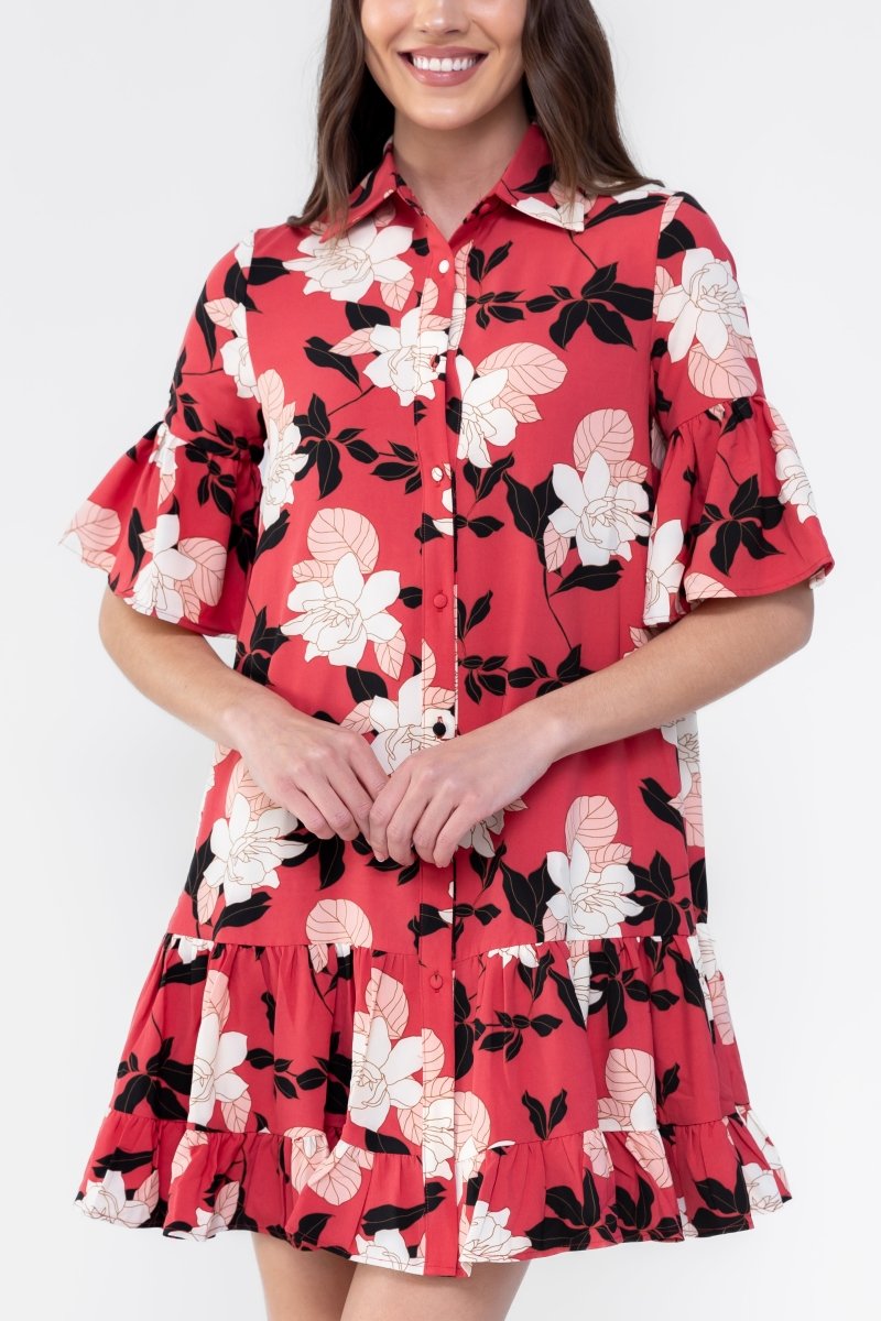 LOLA DRESS Women's Floral Summer Dress - Red A-Line Flowy Midi Dress with Pockets | Perfect for Beach Vacation, Date Night & Casual Outings