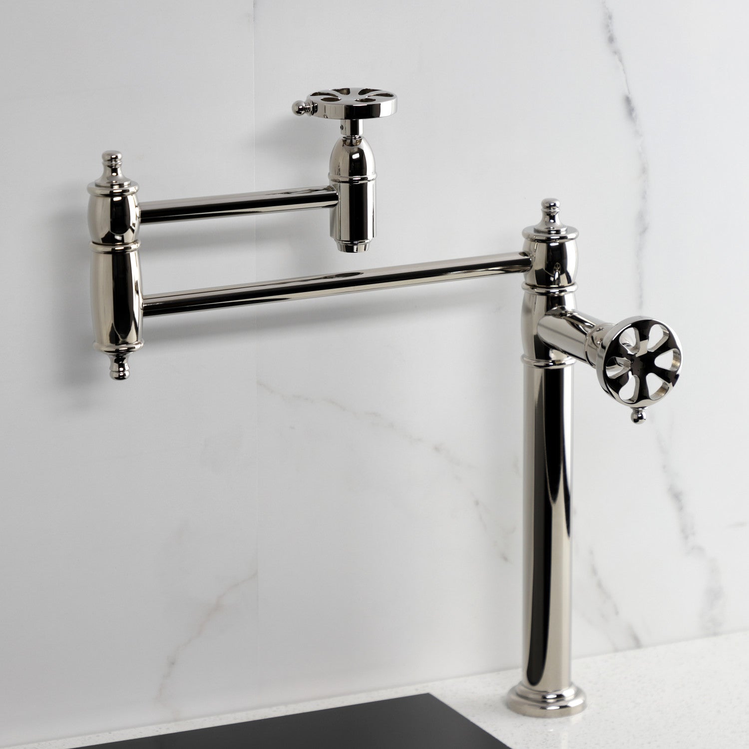 Belknap KS3706RX Two Handle Deck Mount Pot Filler Faucet in Polished Nickel - Perfect for Kitchen Sink, Stove & Cooking Area Installation