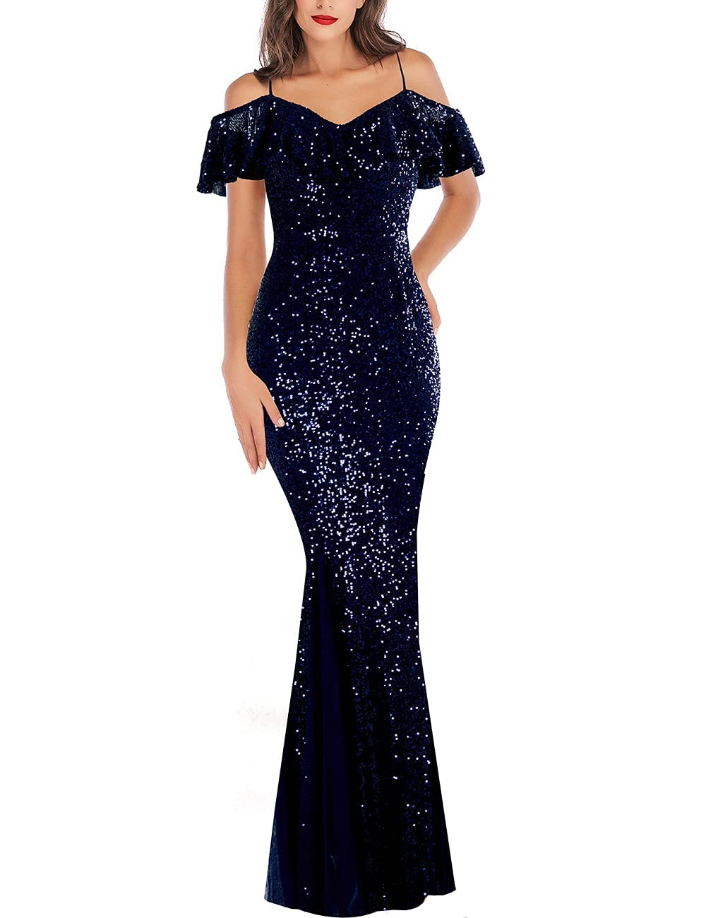 ARFAR Women's Sequin Tulle Evening Party Dress - Spaghetti Strap Ruffled Formal Maxi Gown for Prom, Wedding, Cocktail & Special Occasions