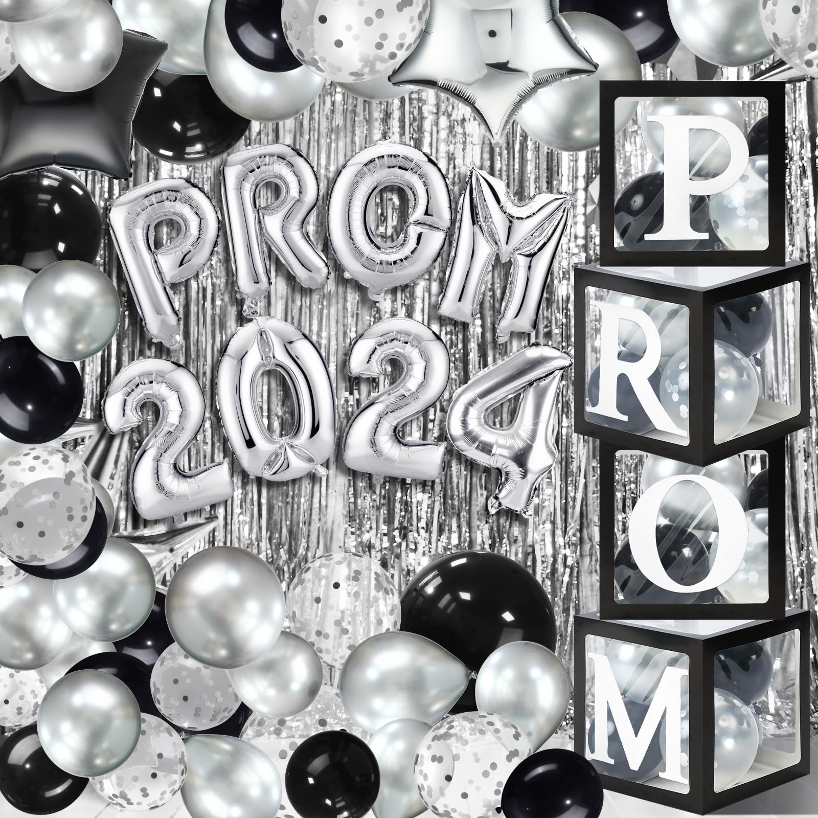 Tanlade 104 Pcs Prom 2025 Balloon Decorations Set - Graduation Party Supplies with Foil Balloons, Confetti Balloons & Column Balloon Boxes for Indoor/Outdoor Class of 2025 Celebrations (Black & Silver) - Perfect for Graduation Parties, Prom Nights, School Events & Birthday Celebrations