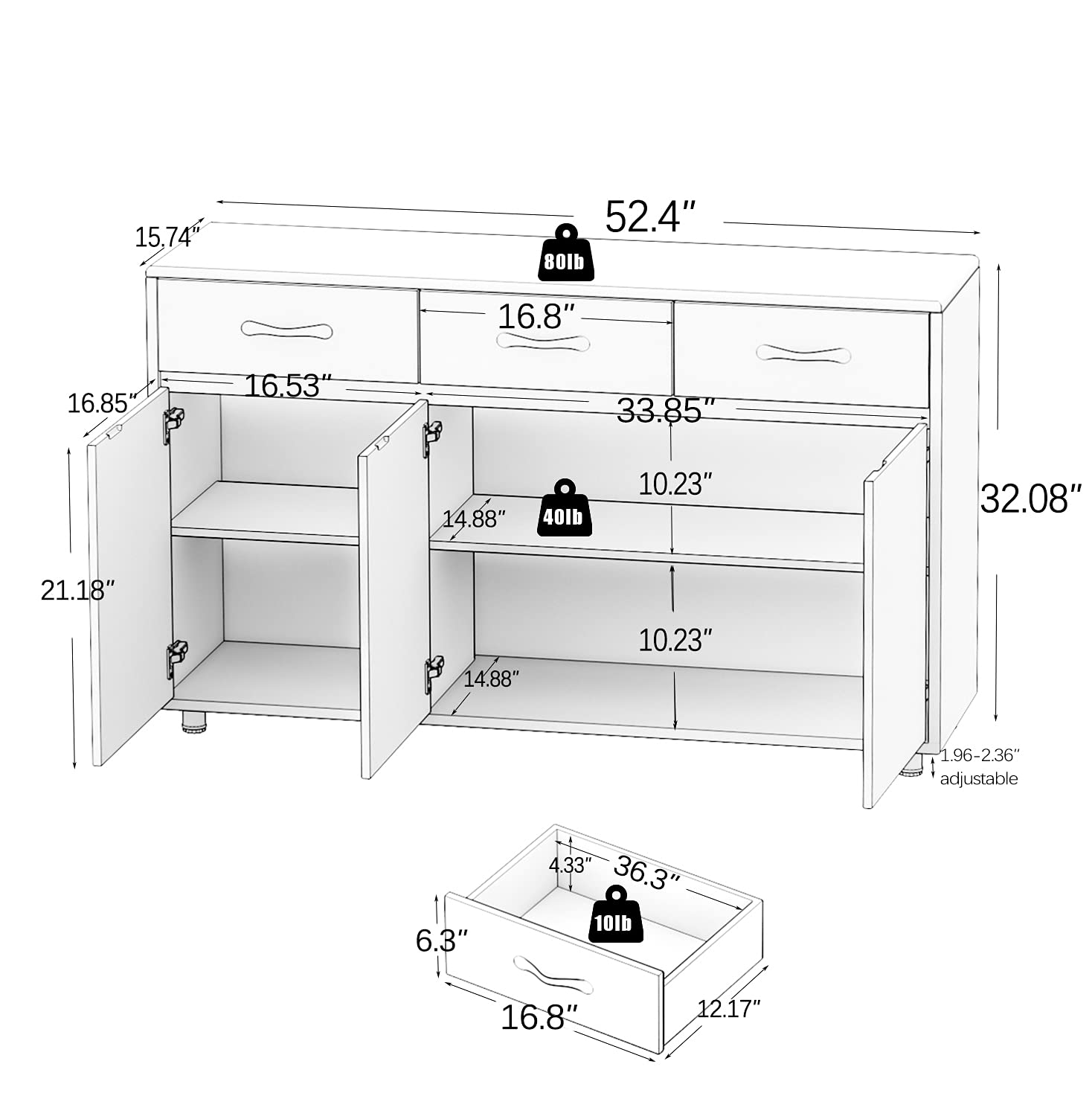 RASOO White 3-Door 3-Drawer Buffet Sideboard Cabinet - Kitchen Storage, Dining Room Organizer for Dishes, Linens & Home Decor