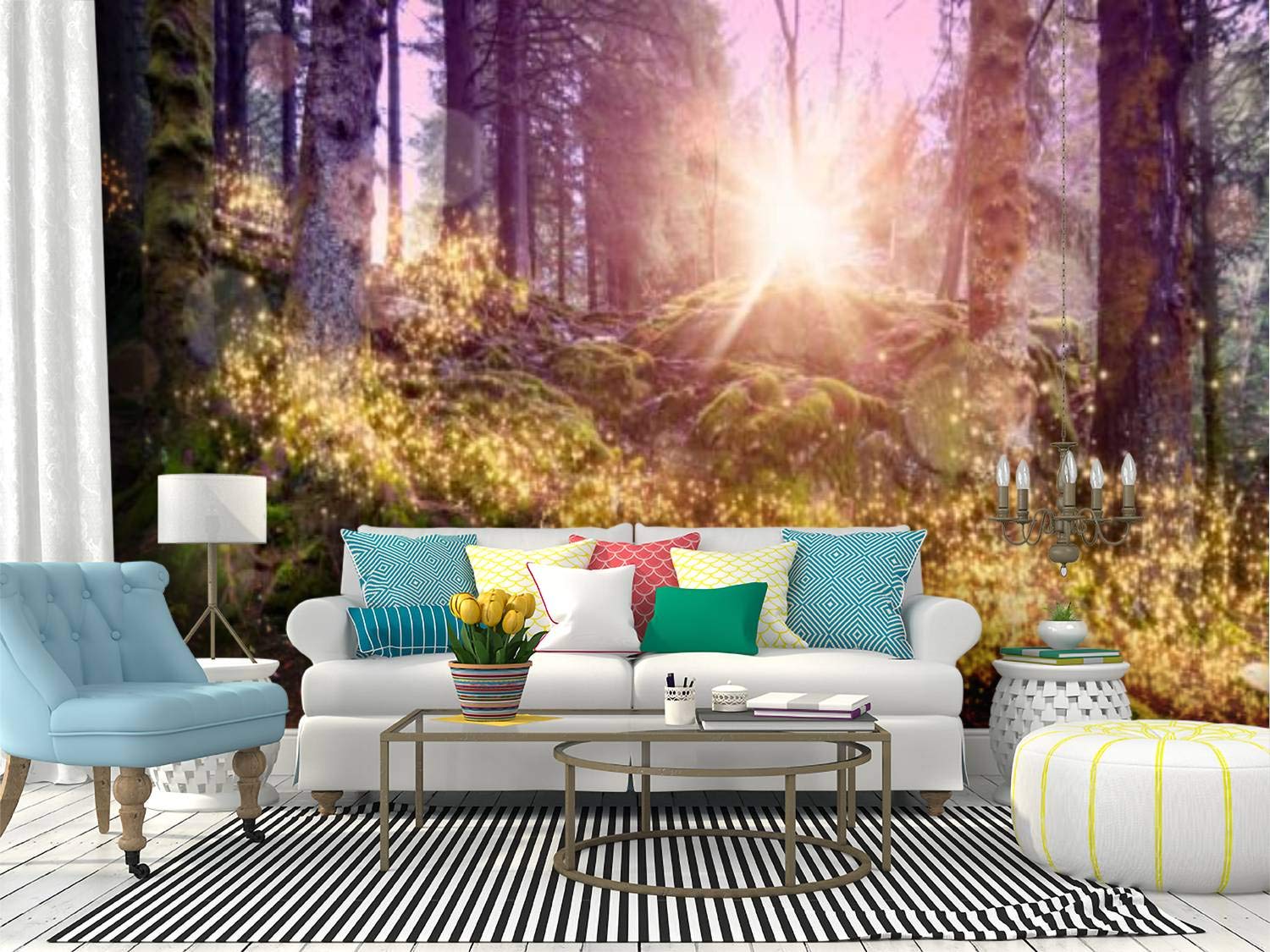 Magical Enchanted Forest Peel and Stick Wallpaper - Self-Adhesive Removable Vinyl Wall Mural with Shimmering Lights for Bedroom, Nursery & Home Decor