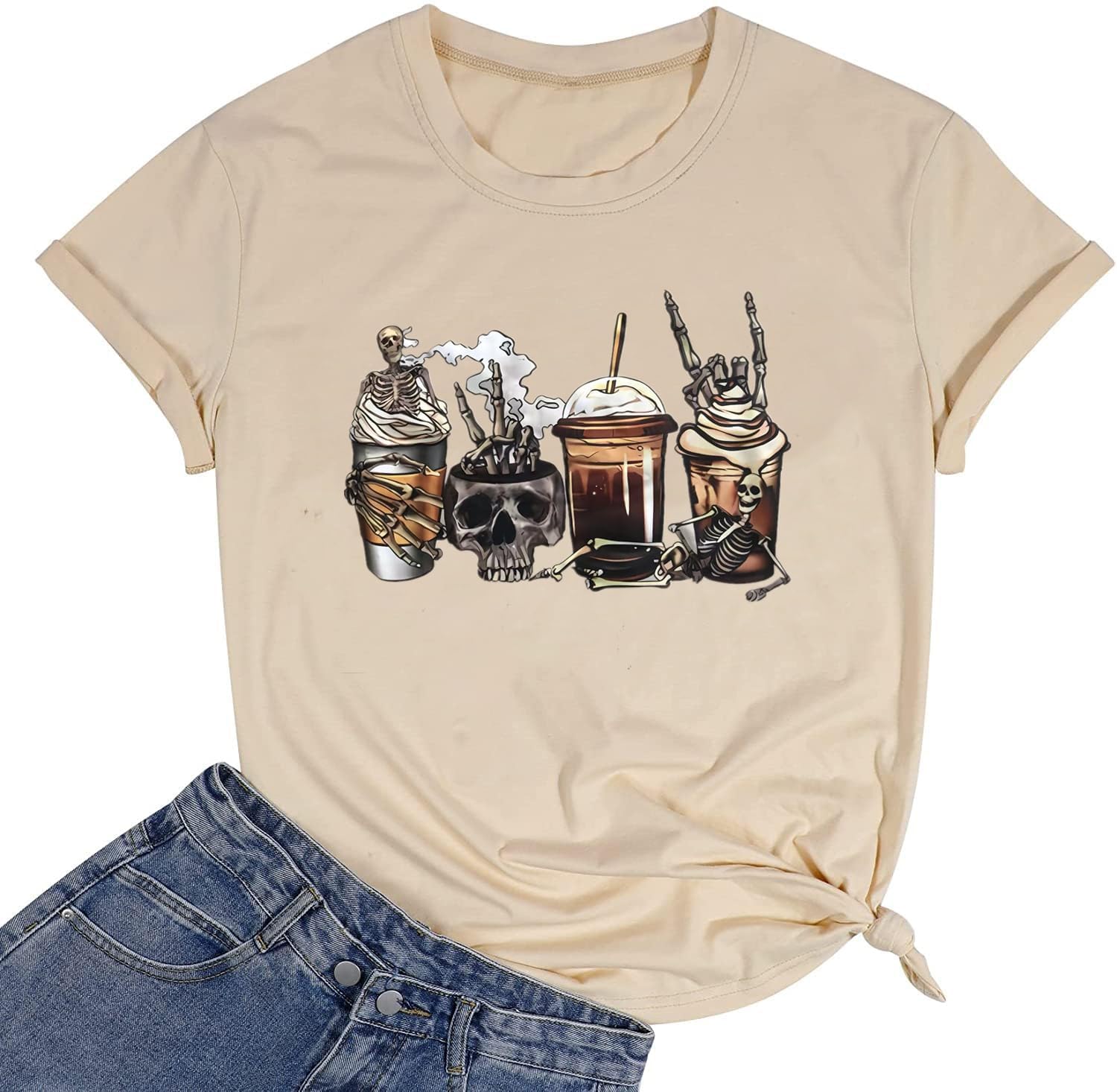 Vintage Coffee Skeleton Halloween T-Shirt for Women - Skull Coffee Cup Graphic Funny Short Sleeve Top | Perfect for Halloween Costumes, Coffee Lovers Gift & Casual Wear