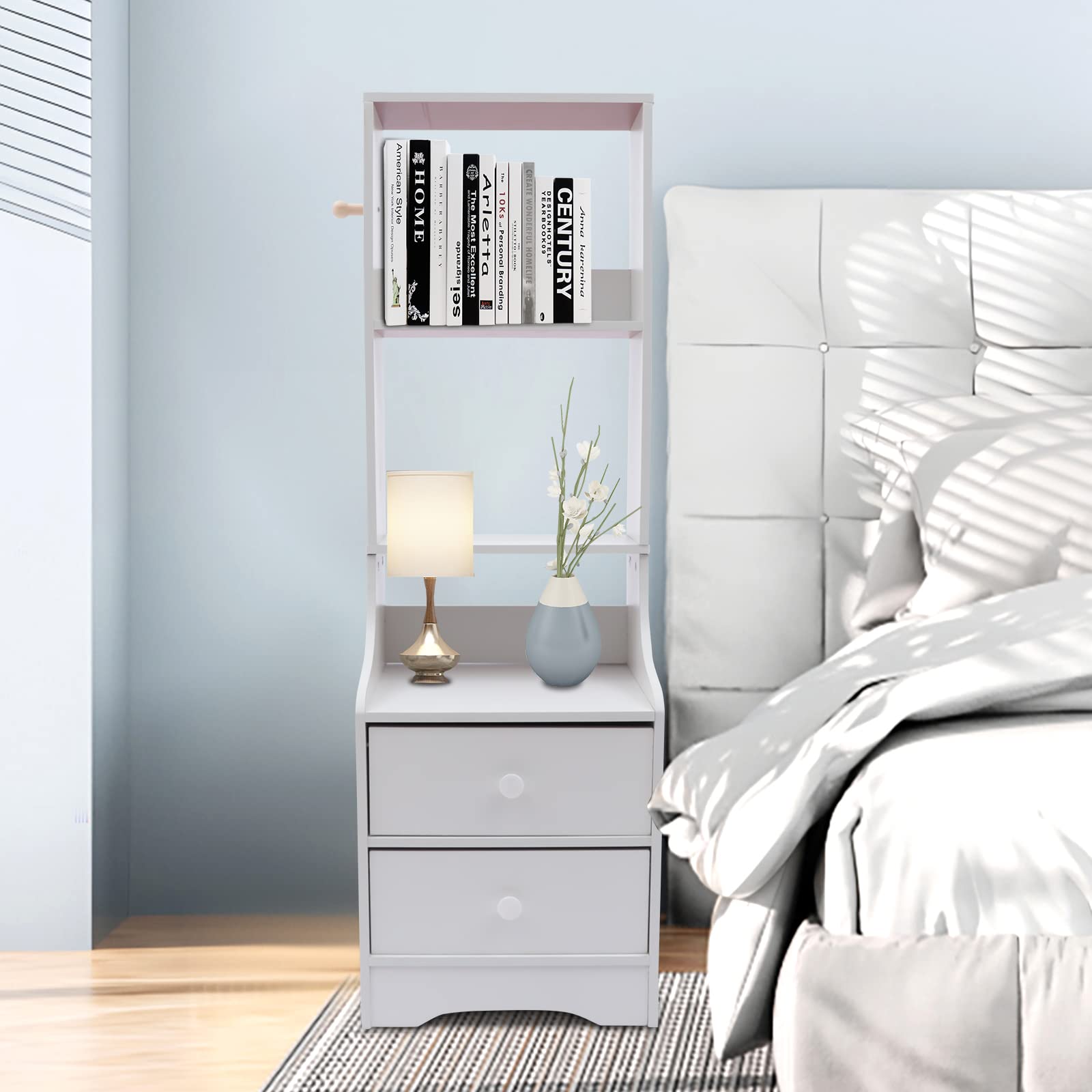 Modern Nightstand with 2 Drawers & Storage Shelf - Tall Bedside Table for Bedroom & Living Room, White Wooden End Table with Ample Storage Space | Perfect for Small Spaces, Apartment Essentials & Home Decor