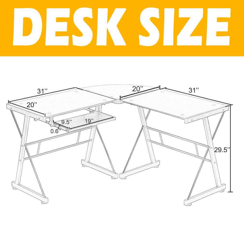 L-Shaped Computer Desk with Drawer - Black Glass Home Office Desk, Scratch-Resistant & Easy to Clean - Perfect for Gaming, Work, and Study Spaces