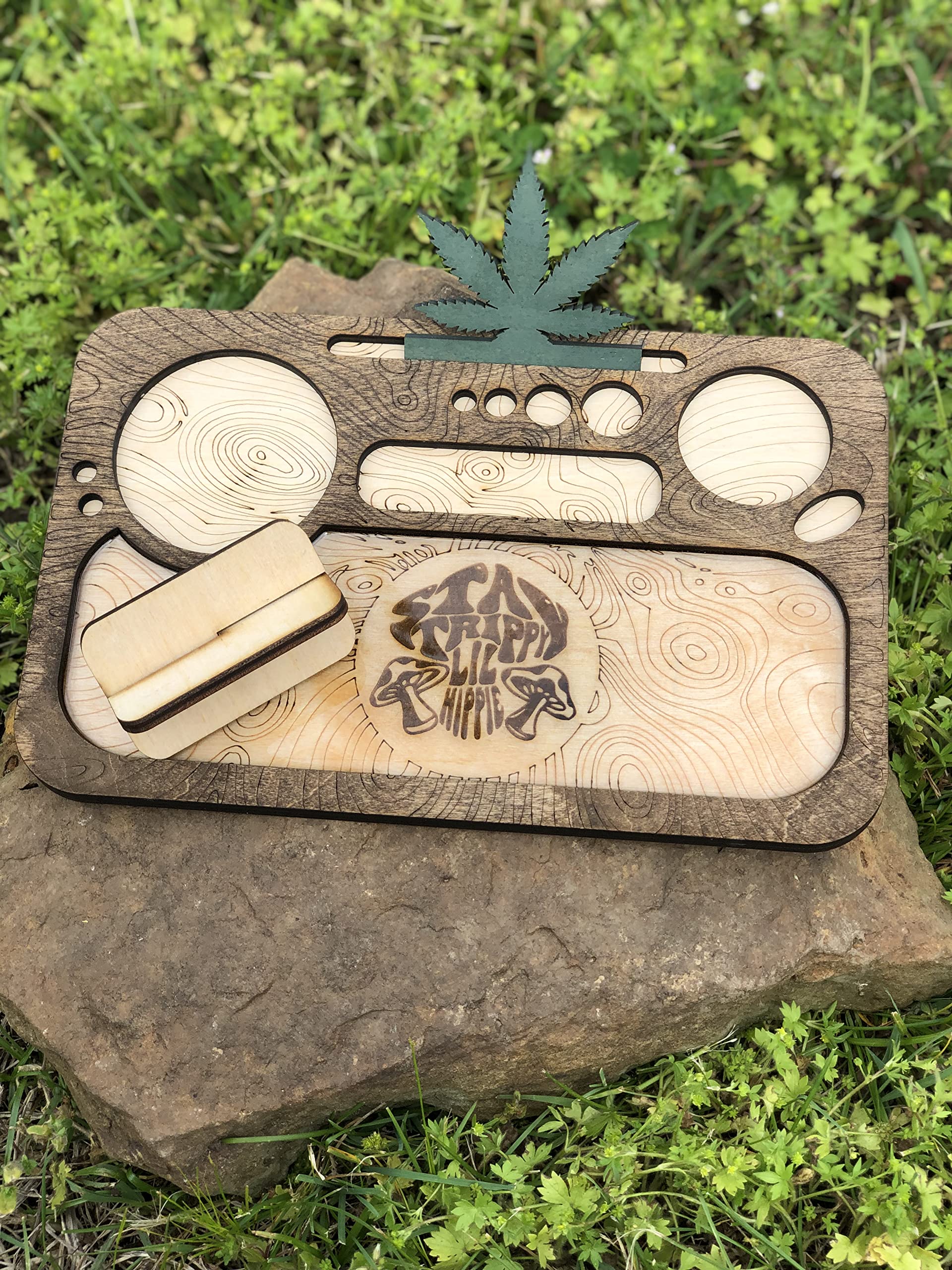 Wooden Rolling Tray Set with Epoxy Inlay & Laser Engraved Design - Includes Lighter Holder & Grinder Holder for Herbs - Perfect for Smoking Accessories Organization & Aesthetic Rolling Experience