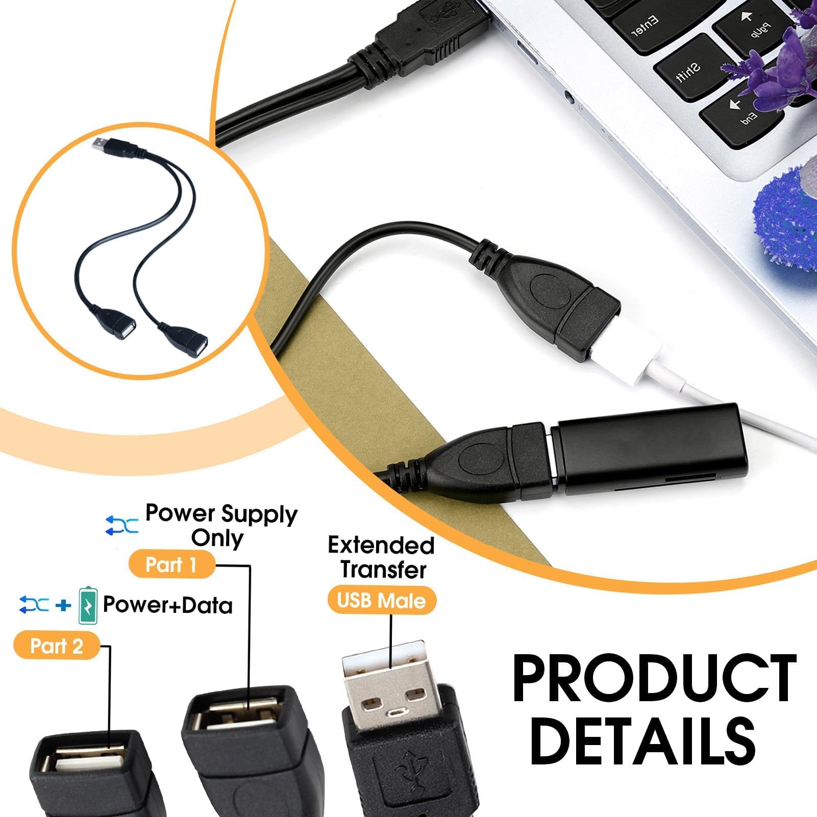 Dual USB Female to USB Male Y Splitter Cable - 30cm Black Extension Cord for Charging & Syncing Laptops, Tablets & Phones | Perfect for Office, Travel & Multi-Device Charging