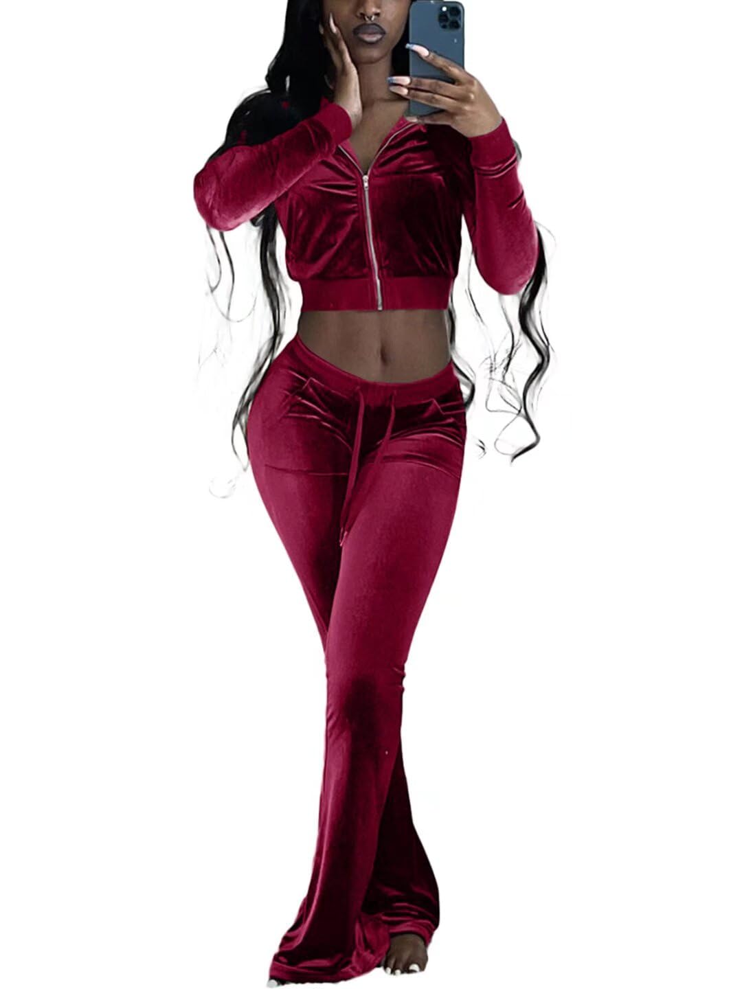 Women's 2-Piece Velour Tracksuit Set - Soft Crop Jacket & Flared Pants for Lounge, Gym, and Streetwear Fashion | Comfortable Outfit for Casual Wear, Workouts & Night Out