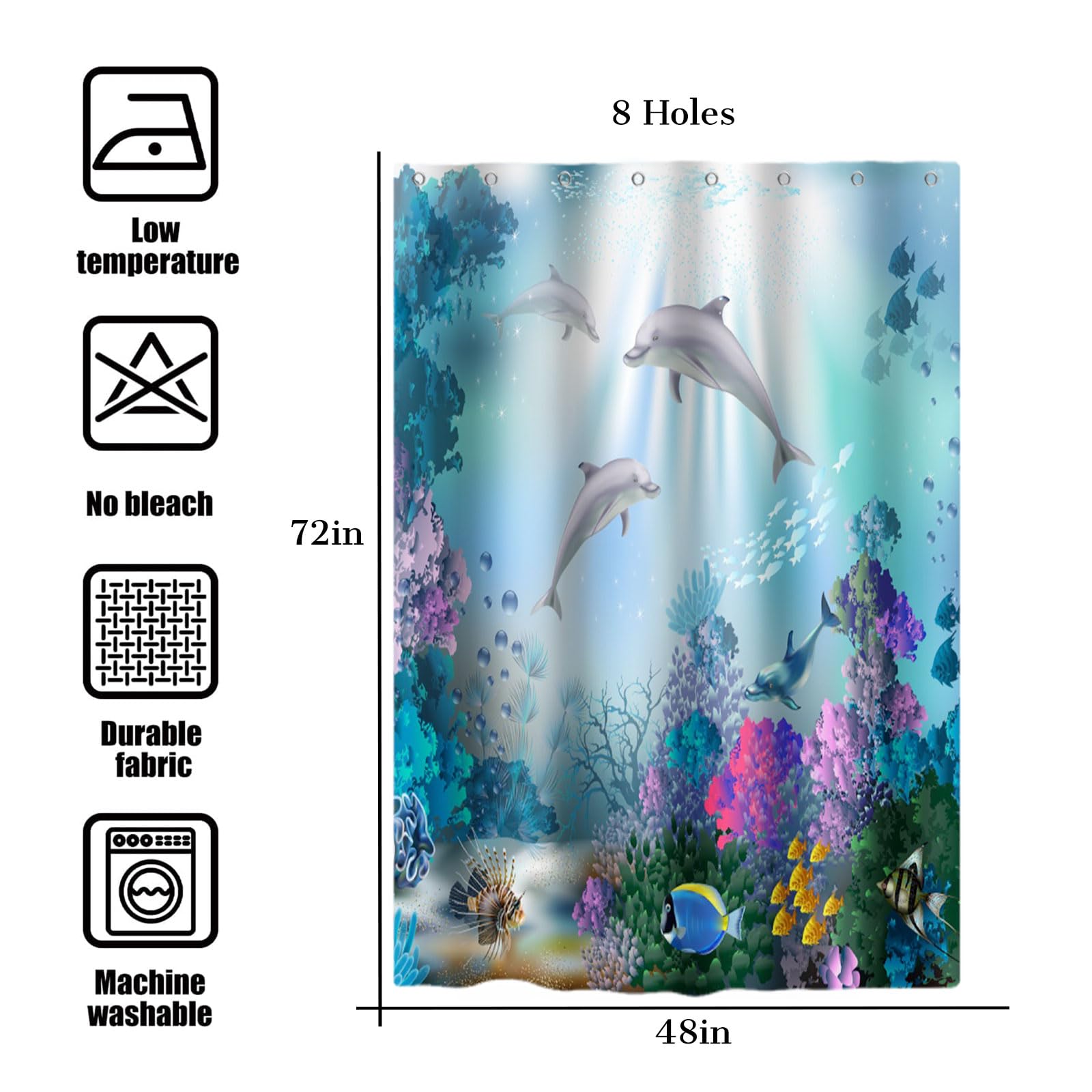 Yeele Dolphin Shower Curtain - Underwater Ocean Wildlife Theme Bathroom Decor, Waterproof Polyester Fabric with 12 Hooks (48x72 inches) - Perfect for Tropical, Beach, or Marine-Themed Bathrooms