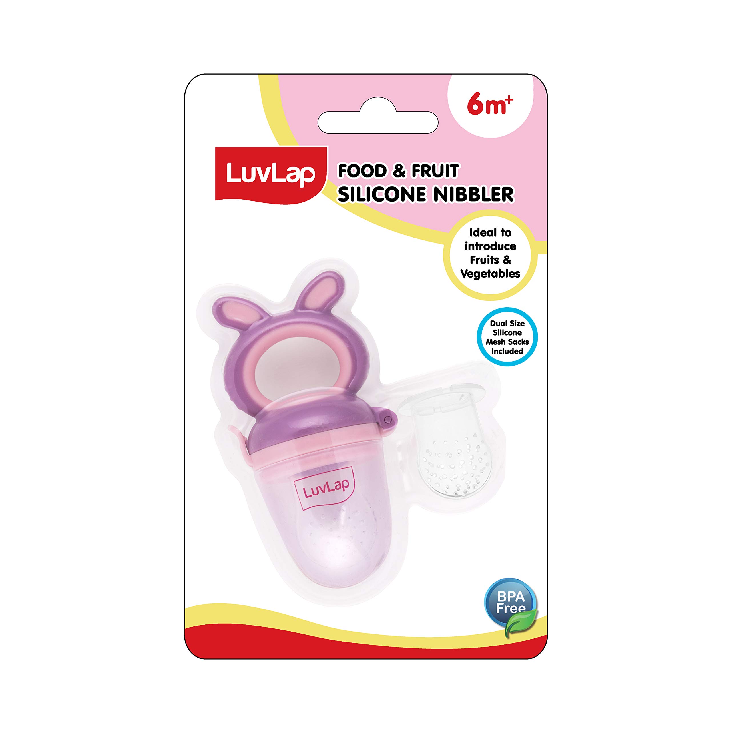LuvLap Bunny Silicone Baby Food & Fruit Nibbler with Extra Mesh - Soft Pacifier Feeder & Heat Sensitive Feeding Spoons Set (Blue & Yellow) - Perfect for Teething Babies & First Solid Foods - Ideal for Home, Travel & Daycare Use