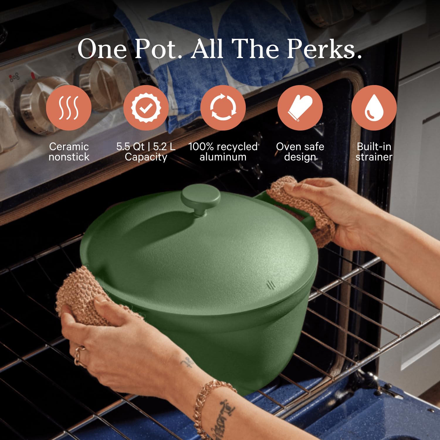 Our Place Perfect Pot - 5.5 Qt Nonstick Ceramic Saucepan with Lid | PTFE & PFOA-Free Healthy Cookware for Stovetop & Oven | Steam, Bake, Braise, Roast | Easy Clean Non-Toxic Ceramic Coating | Sage Green | Perfect for Soups, Stews & Pasta Dishes