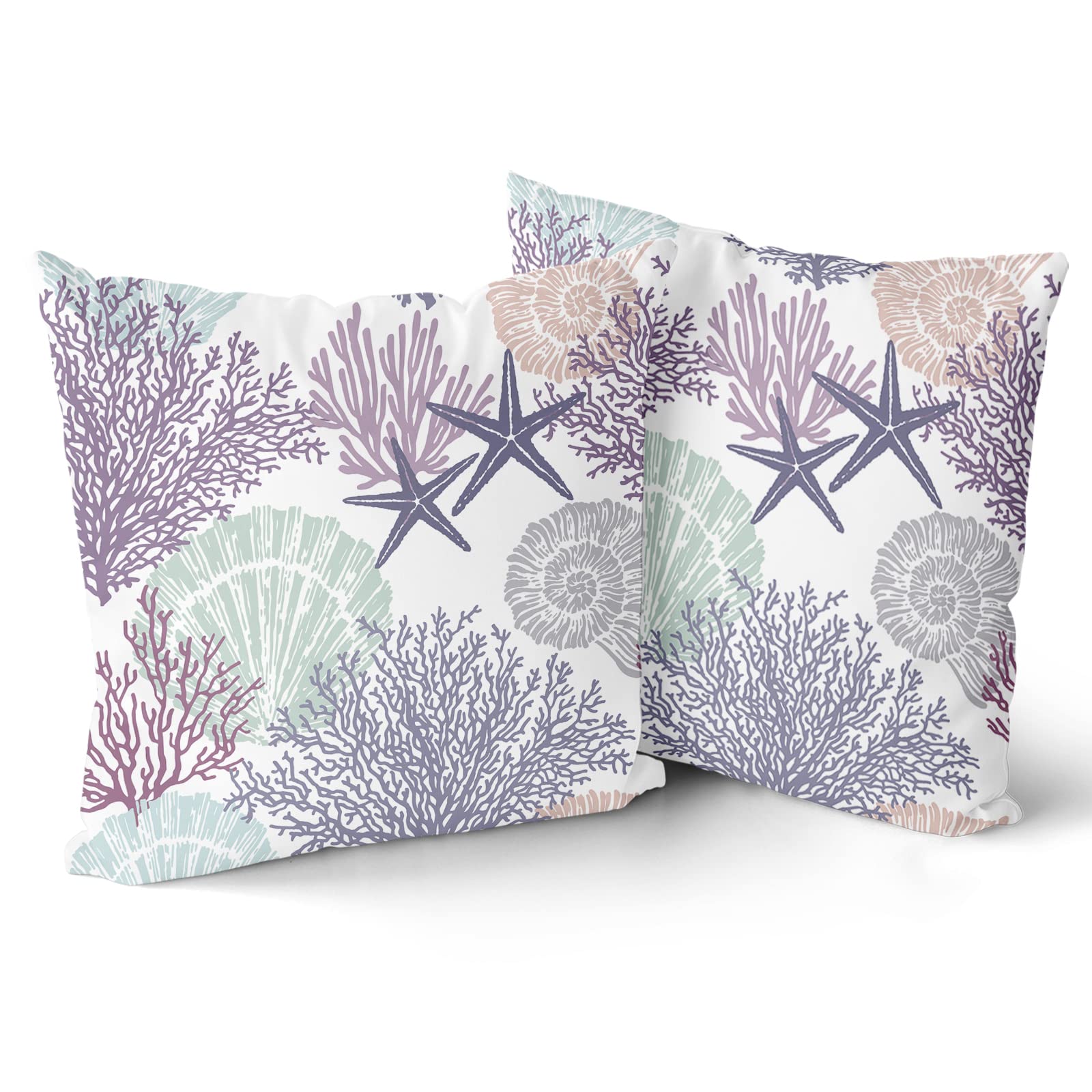 Ocean Coral Pillow Covers 20x20 Inch - Set of 2 Soft Cotton Nautical Coastal Throw Pillows with Seashell & Starfish Design - Square Cushion Covers for Sofa, Couch, Bedroom & Patio - Perfect for Beach House Decor & Coastal Themed Living Spaces (Purple)