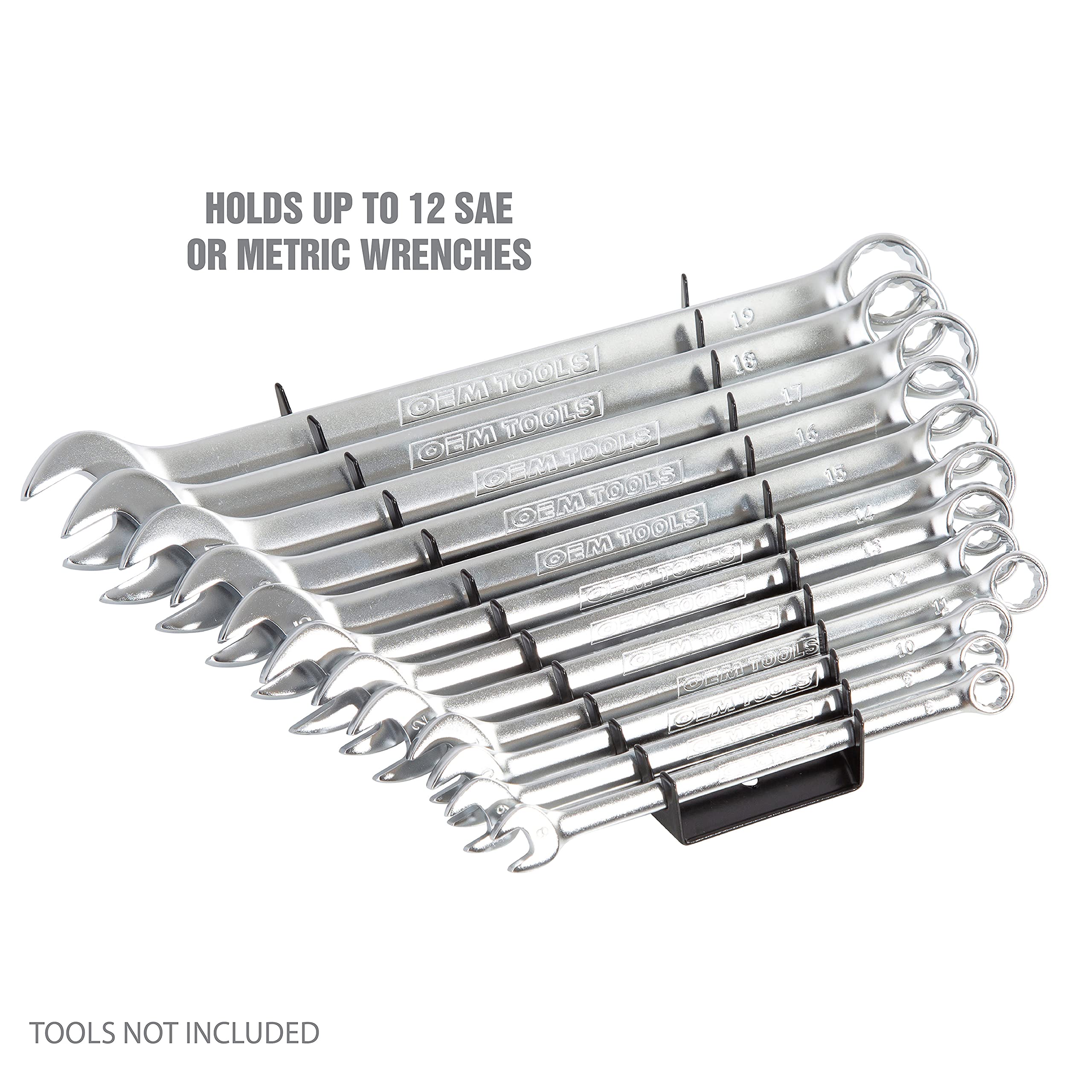 OEMTOOLS 22176 Pro Magnetic Wrench Organizer - 12 Slot SAE & Metric Tool Storage Rail for Tool Boxes, Drawers & Metal Surfaces | Heavy Duty Workshop & Garage Tool Organization (Black)