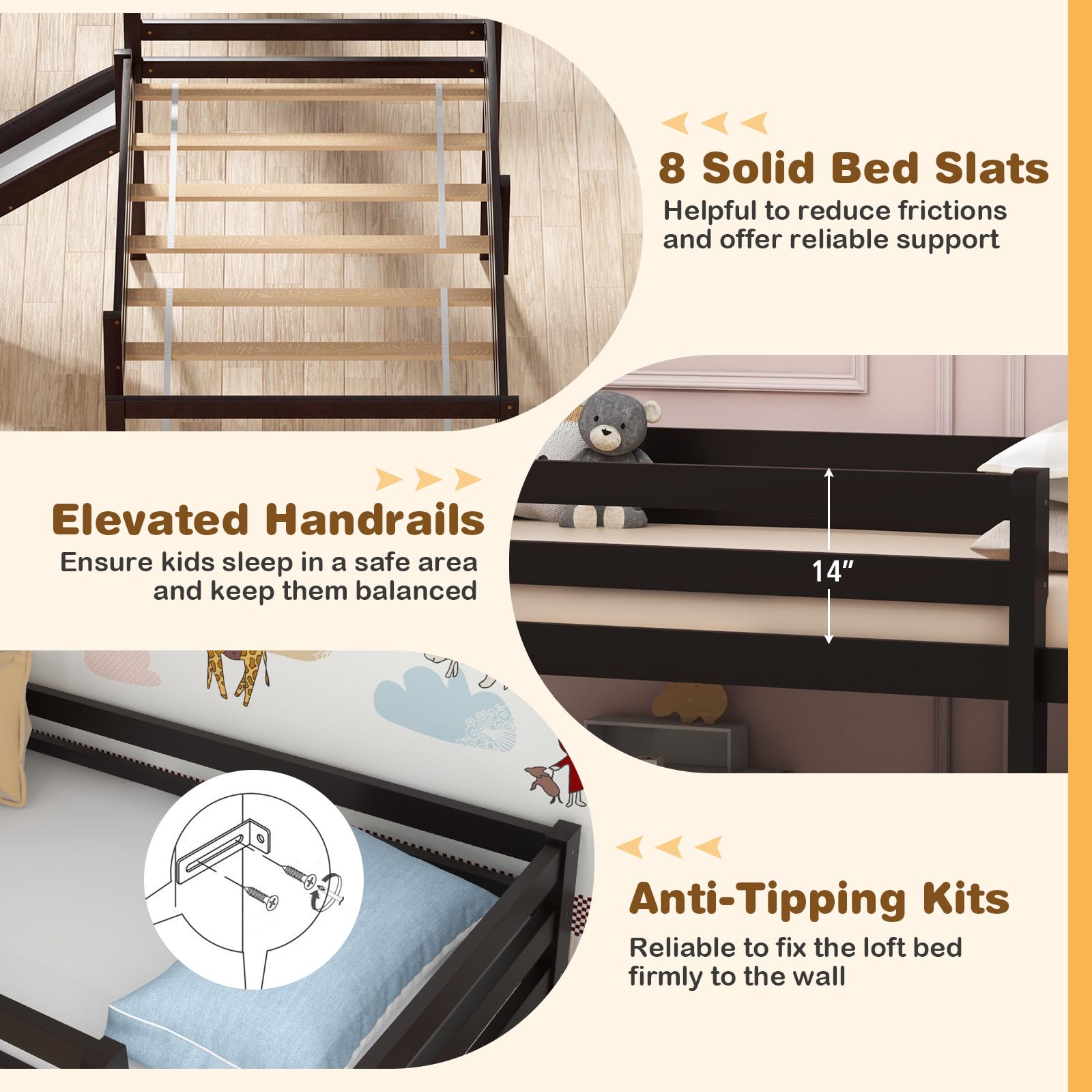 Giantex Twin Loft Bed with Slide - Wooden Low Loft Bed for Kids & Toddlers - Twin Bed Frame with Climbing Ladder & Storage - No Box Spring Needed - Espresso Finish - Perfect for Small Bedrooms, Playrooms & Kids' Sleepovers
