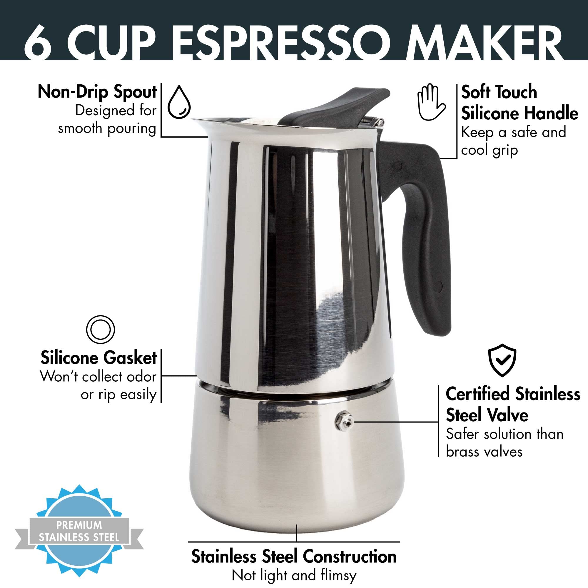Primaria Premium Stainless Steel Stovetop Espresso Maker - 6 Cup Italian Moka Pot for Rich Coffee - Perfect for Home, Office & Camping Brewing