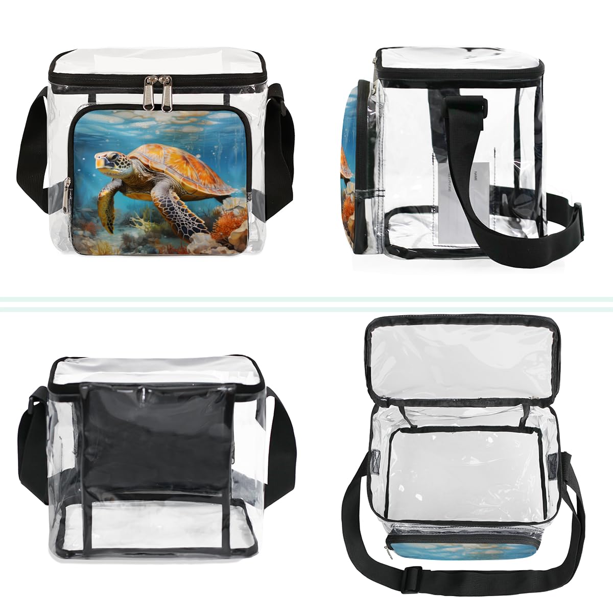 GzLeyigou Clear Turtle Print Tote Bag with Handles - Transparent Marine Life Shoulder Bag for Lunch, Beach, Travel, Picnic, Concerts & Sports Events - Stadium Approved Clear Crossbody Purse (Great for Outdoor Activities, Shopping & Theme Park Visits)