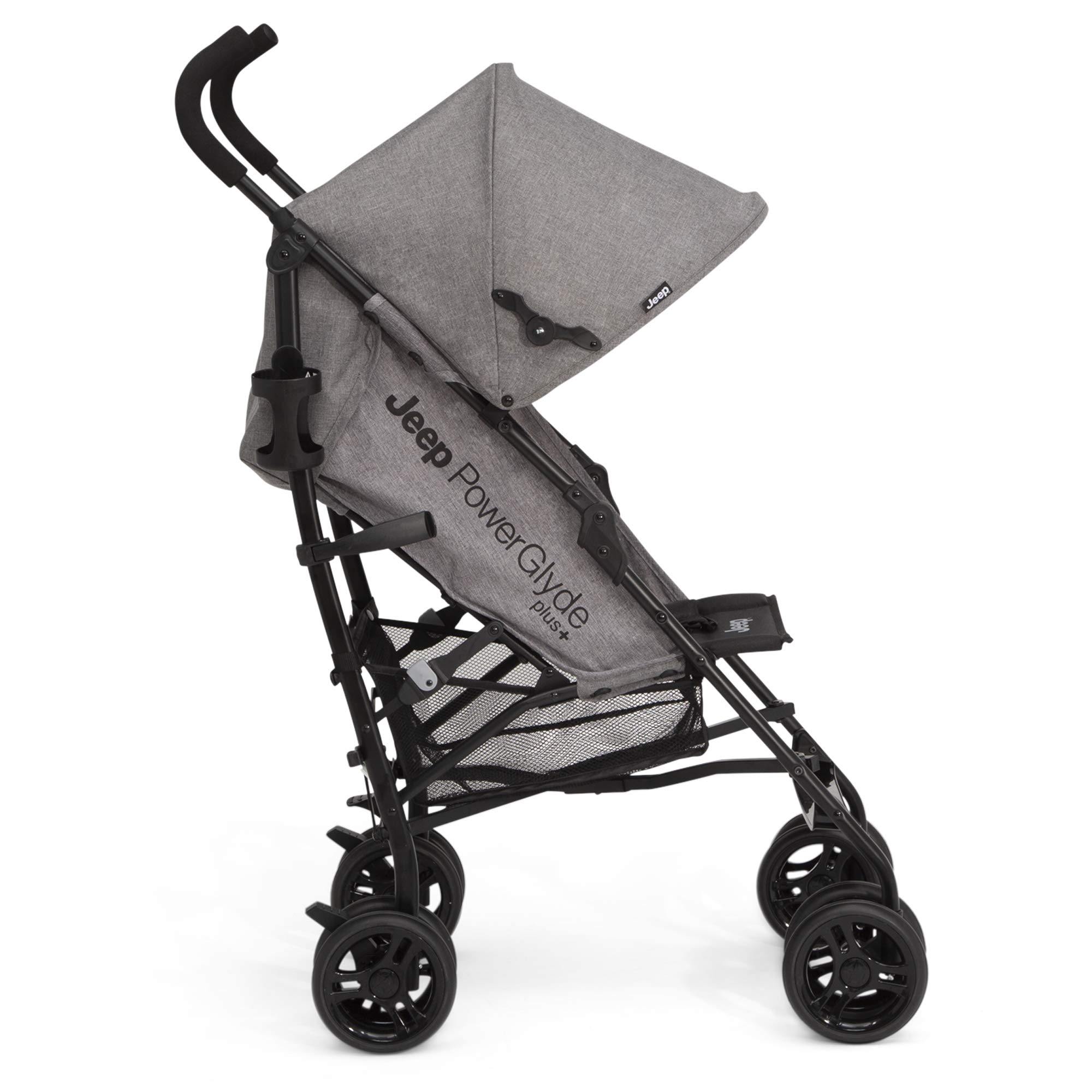 Delta Children Jeep PowerGlyde Plus Lightweight Travel Stroller - Smooth Ride, Aluminum Frame, 4-Position Recline, Extra Large Storage Basket, Grey | Perfect for City Walks, Shopping & Air Travel with Baby