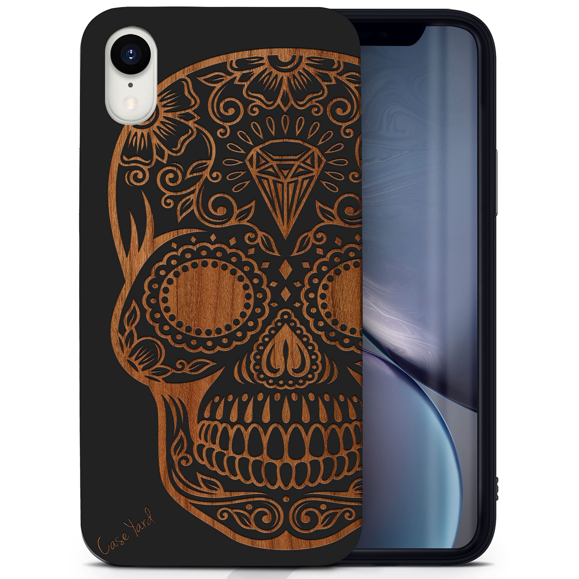 Wooden iPhone XR Case - Laser Engraved Diamond Skull Design - Shockproof Slim Fit Protective Cover for Men & Women - Perfect for Outdoor Adventures, Travel & Daily Use